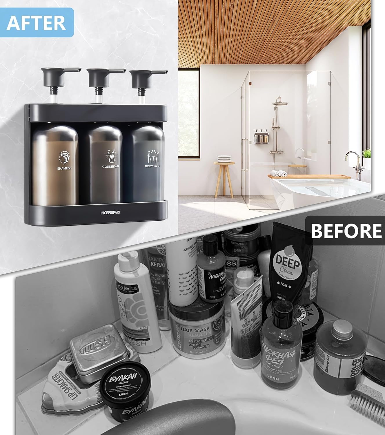 Shampoo Dispense for Shower, Shower Soap Dispenser Wall Mounted, Shower Dispenser 3 Chamber No Drill, Shampoo and Conditioner Dispenser for Bathroom Hotel, Shower Shampoo Dispenser 3 Chamber, Black - White image number 6