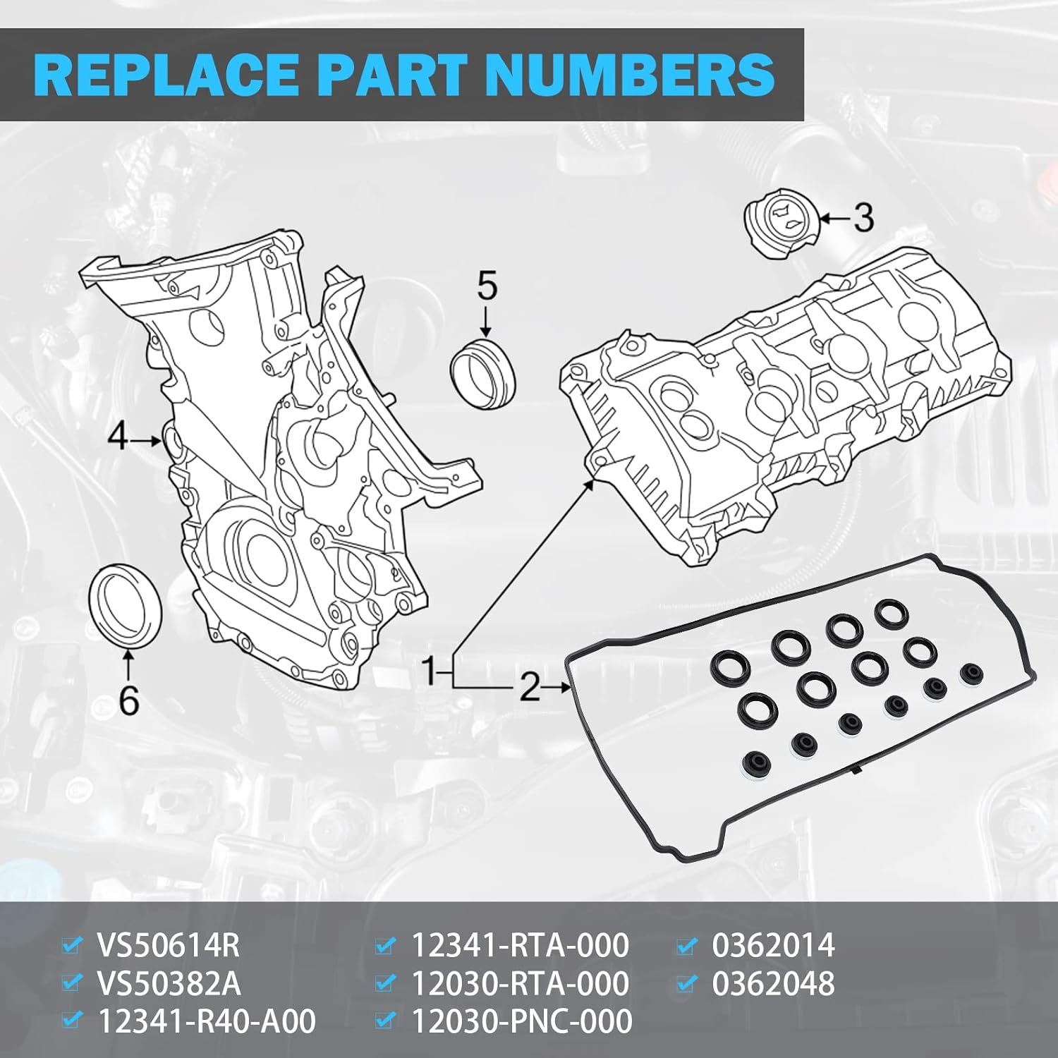 Valve Cover Gasket Set - Compatible with 2.0L 2.3L 2.4L 2002-2015 Honda Accord, Civic, CR-V, Element, Crosstour, Acura CSX, ILX, RDX, RSX, TSX - Replace VS50614R, 12341-R40-A00 image number 2