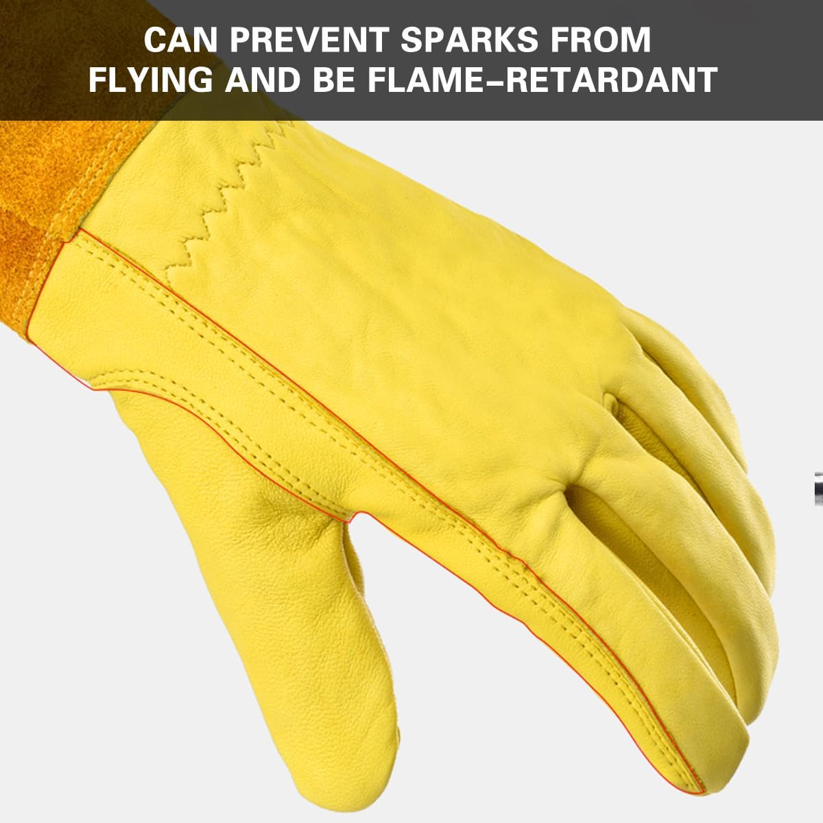 AIMALL Long Cowhide Gardening Gloves with Extended Cuffs, Heat Resistant Anti-Puncture Non-Slip Gloves for Pruning, Flower Arranging, Cattle Work, Size S&ndash;XL, Yellow image number 5