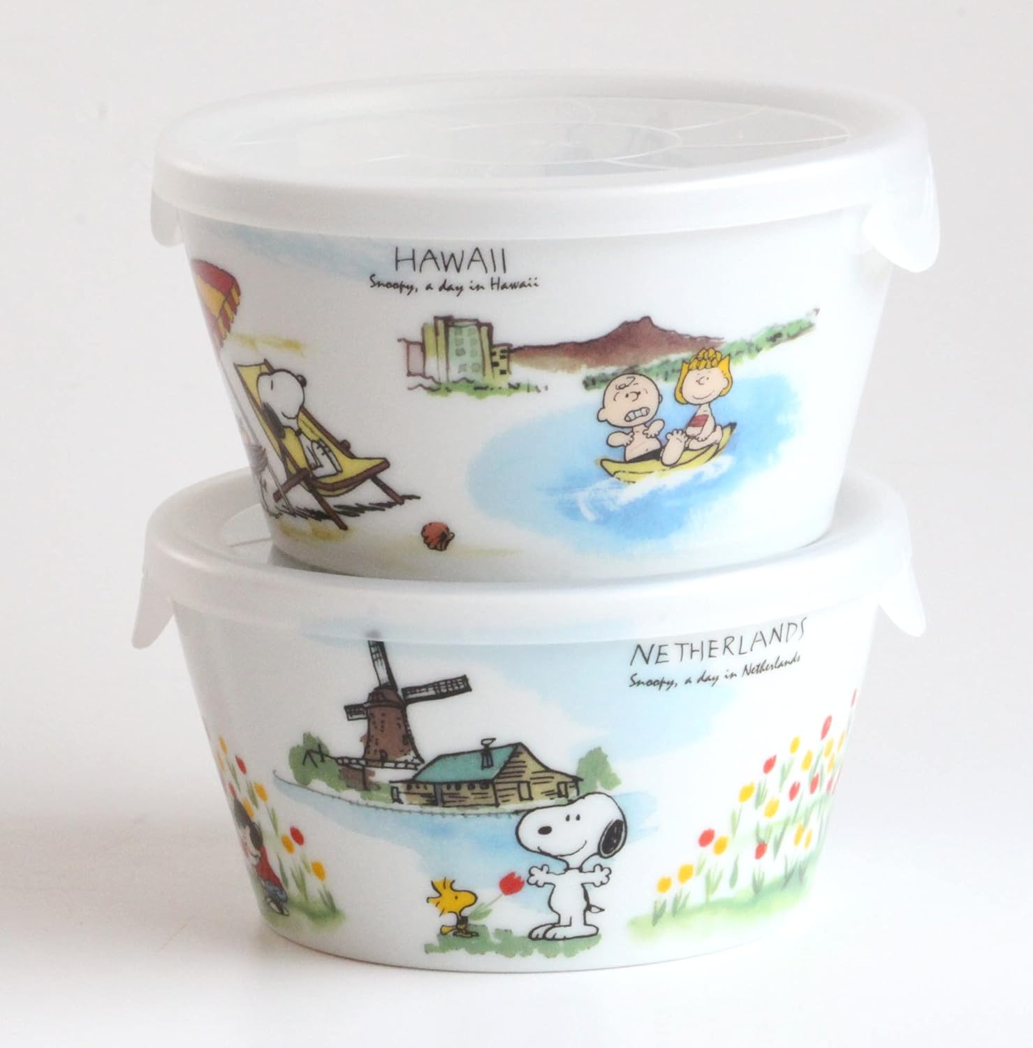 Simizu Pottery Bowl with Lid Hawaii Netherlands 280Ml Snoopy World Travel Series 2 Pattern Set image number 3