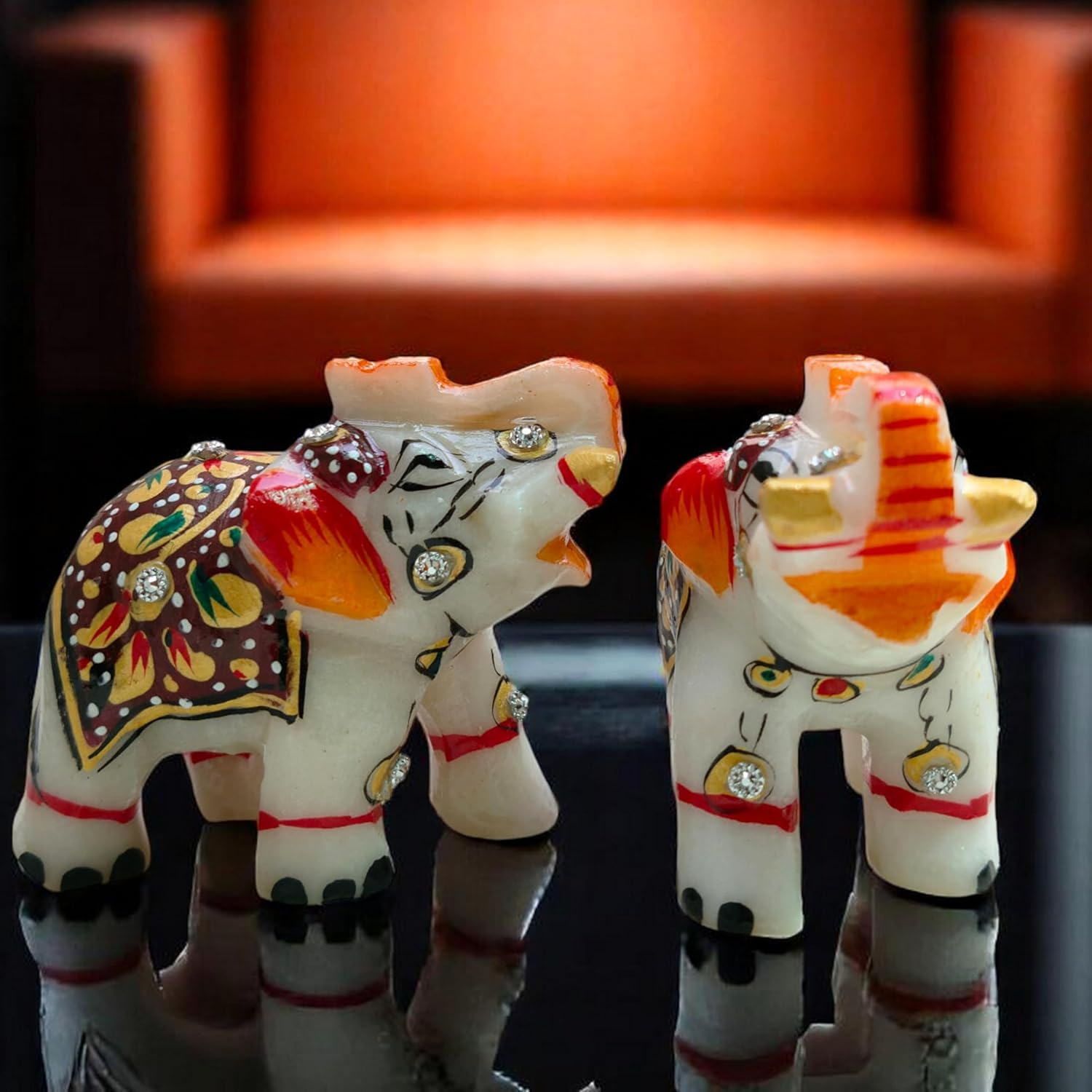 Natural White Marble Elephant Statue Pair 3X2.25 &ndash; Hand-Painted Multicolor Figurines &ndash; Gold Artwork Showpiece for Home, Living Room &ndash; Good Luck & Housewarming Gift D&eacute;cor Item image number 3