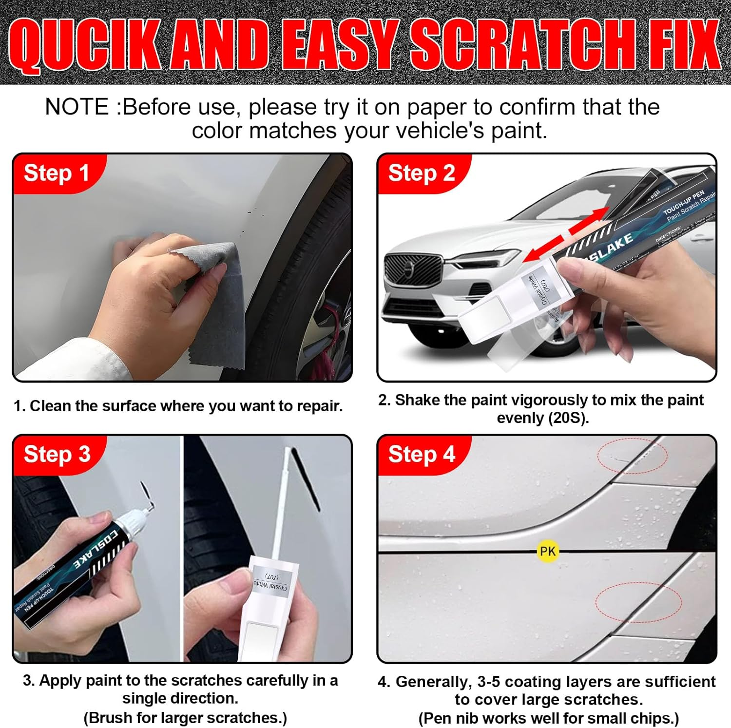 Car Touch up Paint(Onyx Black(717)) for Volvo, Car Paint Scratch Repair Kit, Quick & Easy Solution to Repair, 2 in 1 Scratch Remover Pen with 2PCS Disposable Micro Applicators image number 6