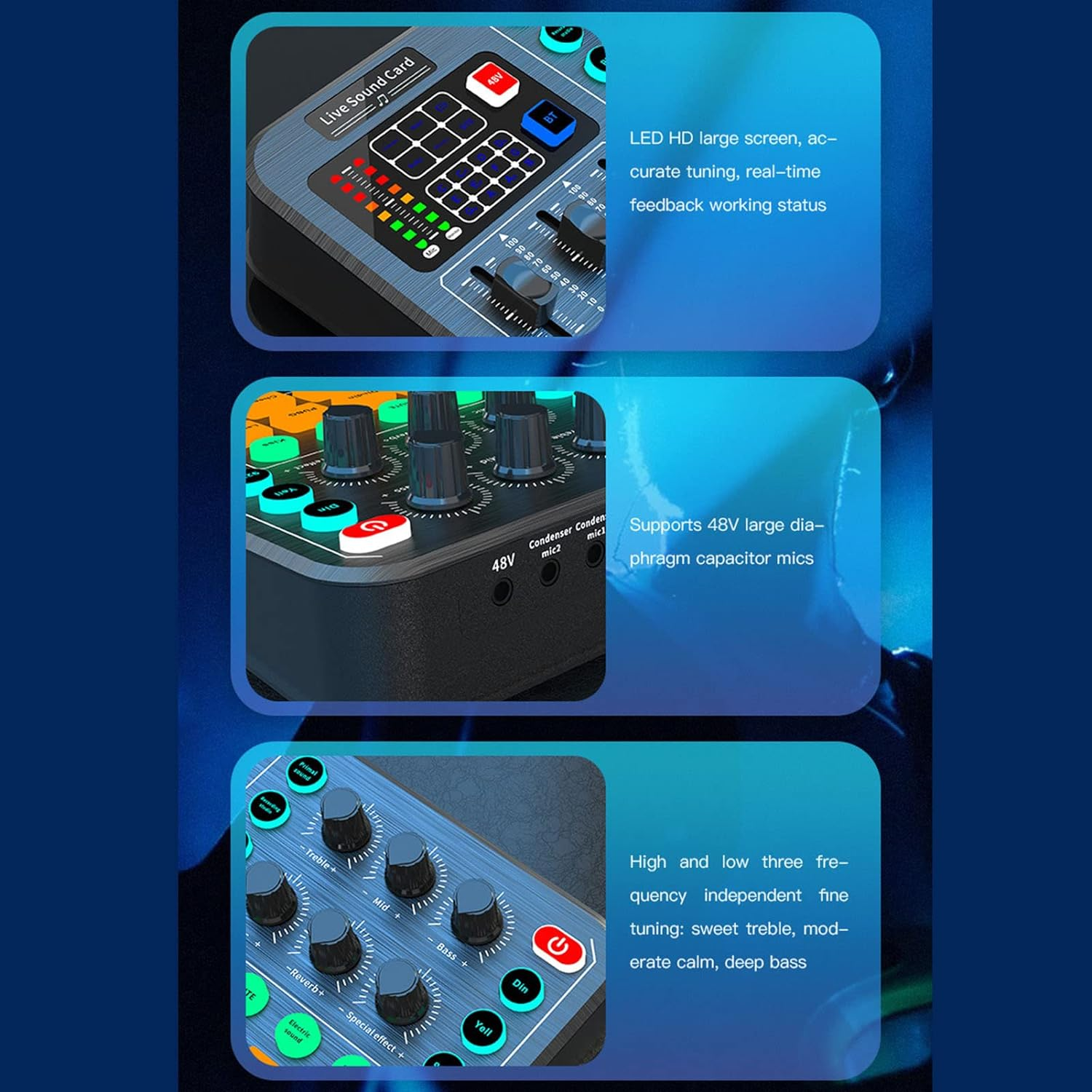 Live Sound Card, Bluetooth Professional Mini Audio Mixer Board with 15 Sound Effects, Audio Interface Support 48V Phantom Power, for Straming, Podcasting, Gaming image number 2