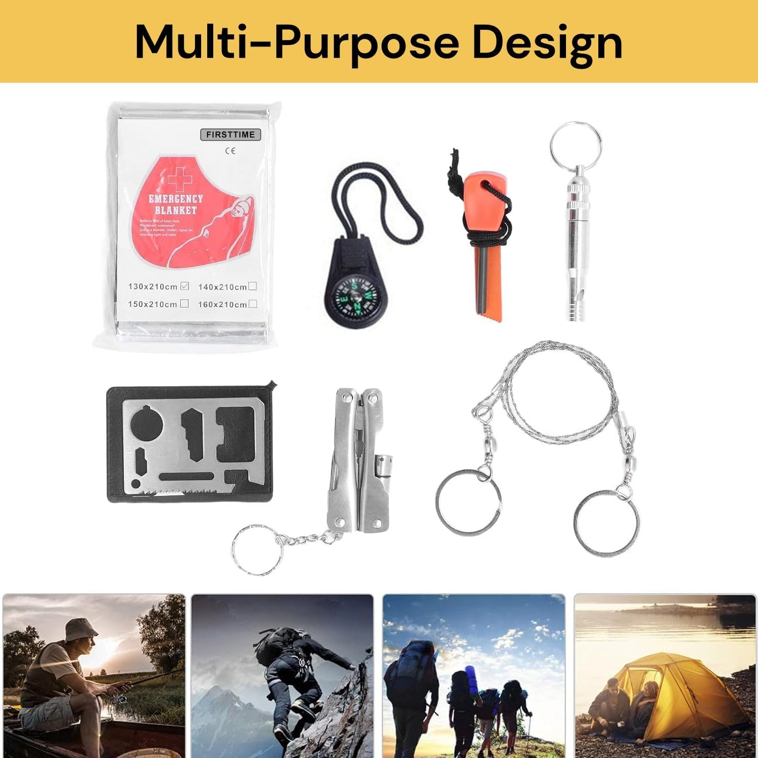 EZONEDEAL Survival Kit Outdoor Emergency Survival Tool Gear Kit for Camping Hiking Equipment Travelling or Adventures | Fire Starter, Compass, Blanket image number 2