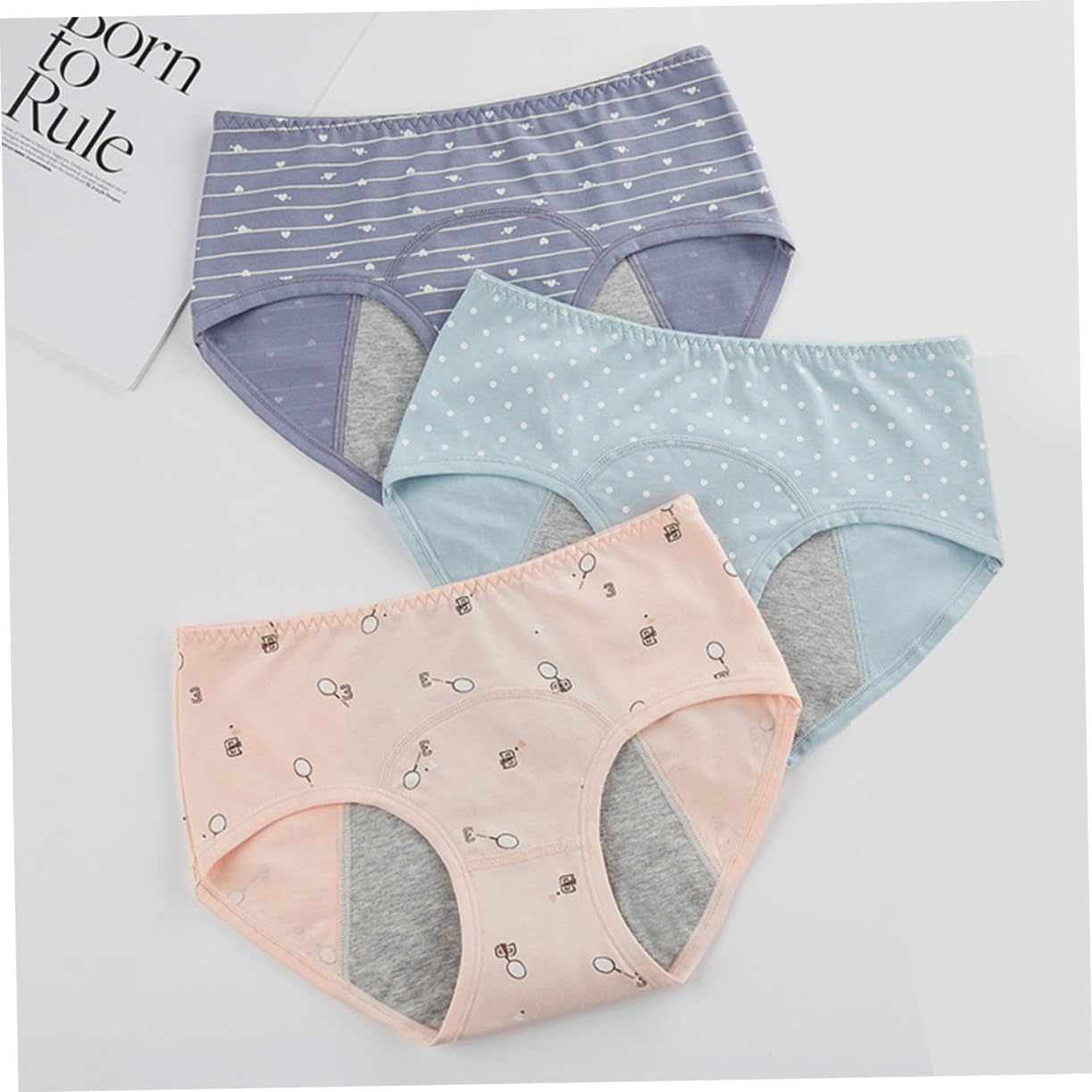 3Pcs Menstrual Underpants for Women Medium Waist Safety Pants Cloth Underwear Leak Shrimp Lake Blue Gray Blue image number 3
