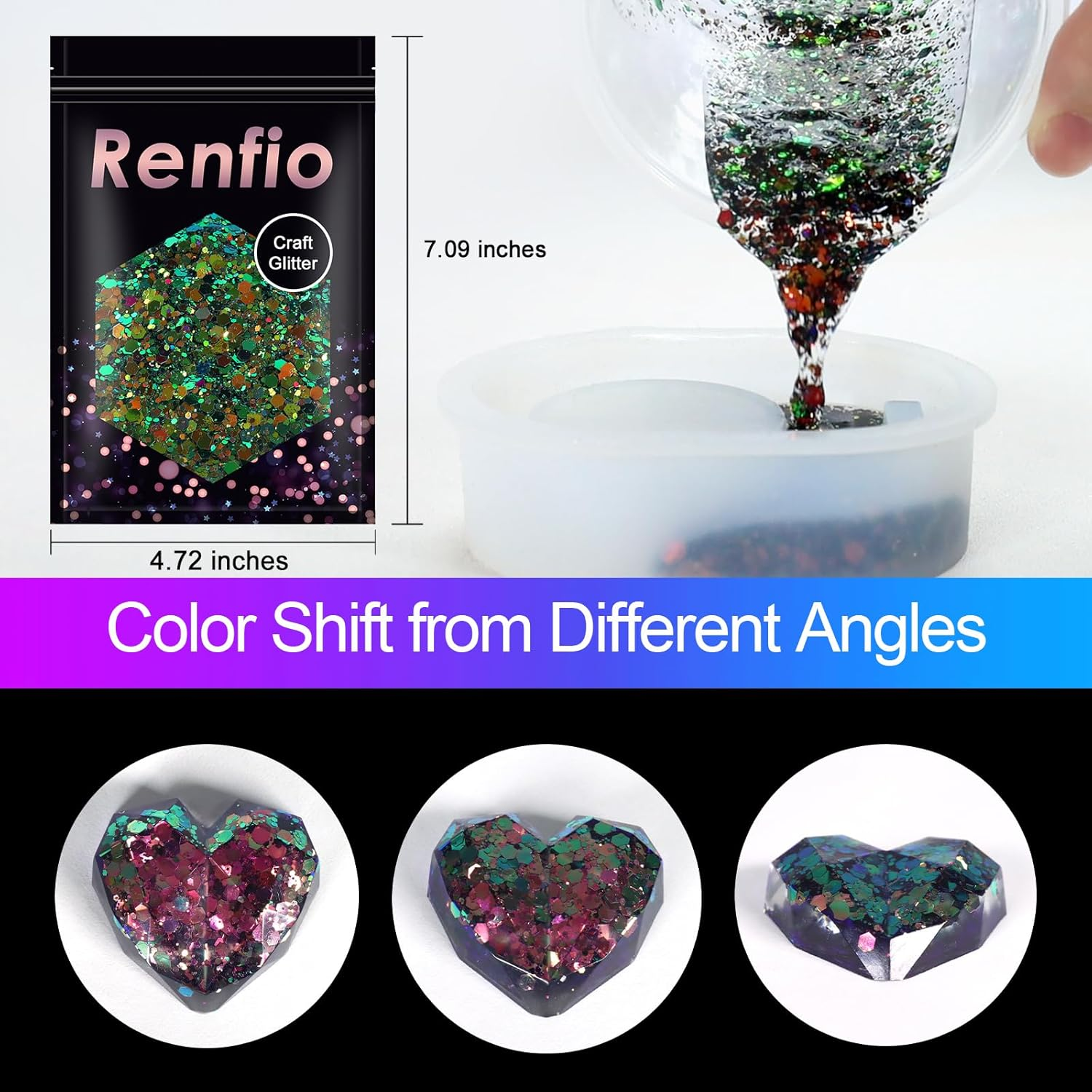 Renfio Chameleon Chunky Glitter, Mixed Fine Powder Color Shift 1.75 Oz (50G) PET Flake Hexagon Purple Copper Green Glitters Sequin Resin Pigment Chip Dust for Slime Painting Craft Hair Nail - Mermaid - Blue,Green,Multi-Color image number 4