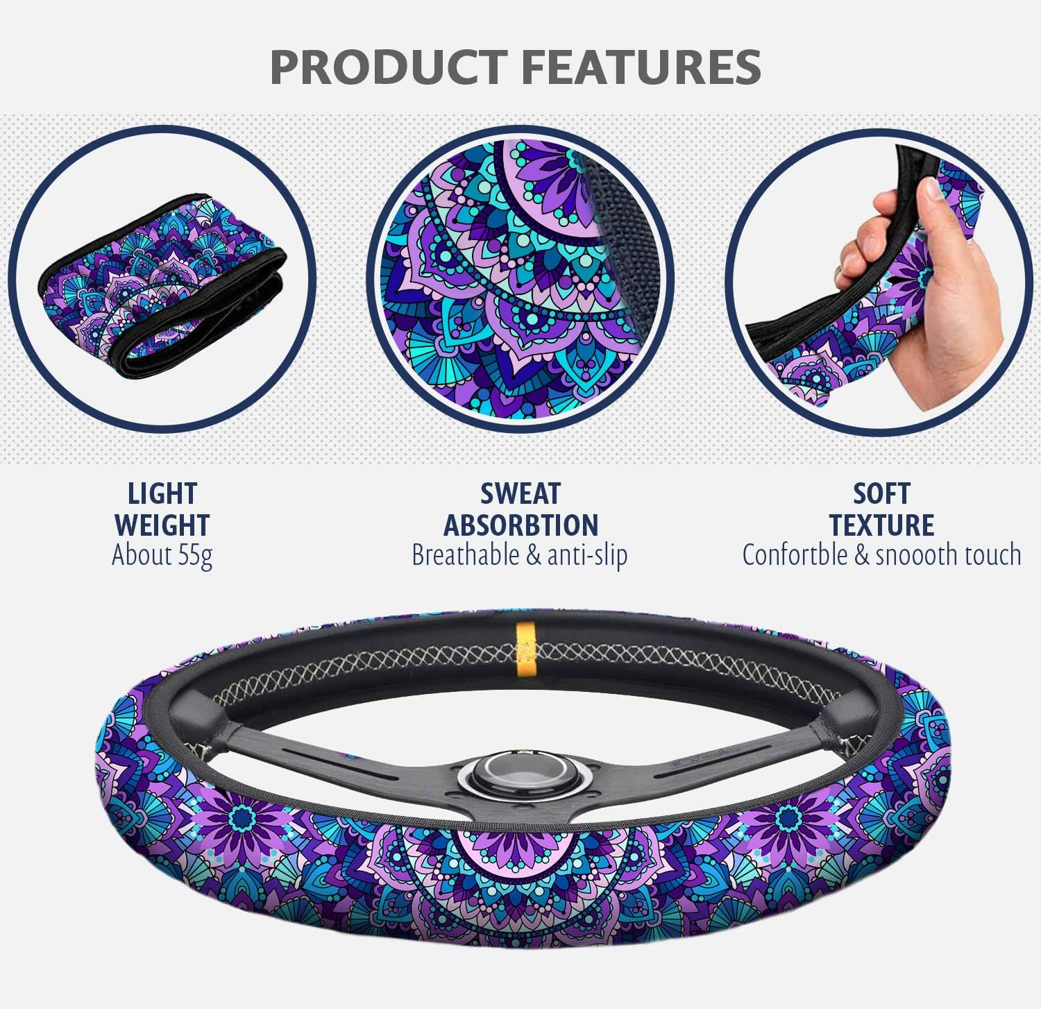 4 Pieces Mandala Purple Lotus Steering Wheel Cover Set with 2Pcs Car Cup Coasters & Quarter Keyring, Cute and Fashionable Non-Slip Purple Steering Wheel Cover, Universal Fit 14-15.5 Inches - Purple image number 4