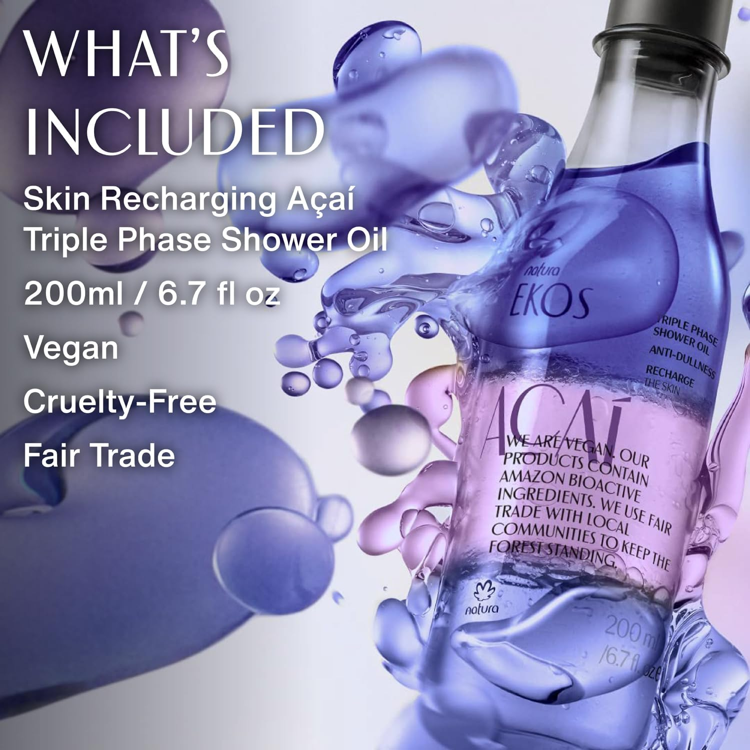 Natura - Ekos A&ccedil;a&iacute; Triple Phase Shower Oil - Revitalizing In-Shower or Bath Body Oil - Anti-Dullness - Scented - Bath Oil - Skin Moisturizer - Vegan Skin Care - Brazilian Beauty - 6.7 Fl Oz (200Ml)