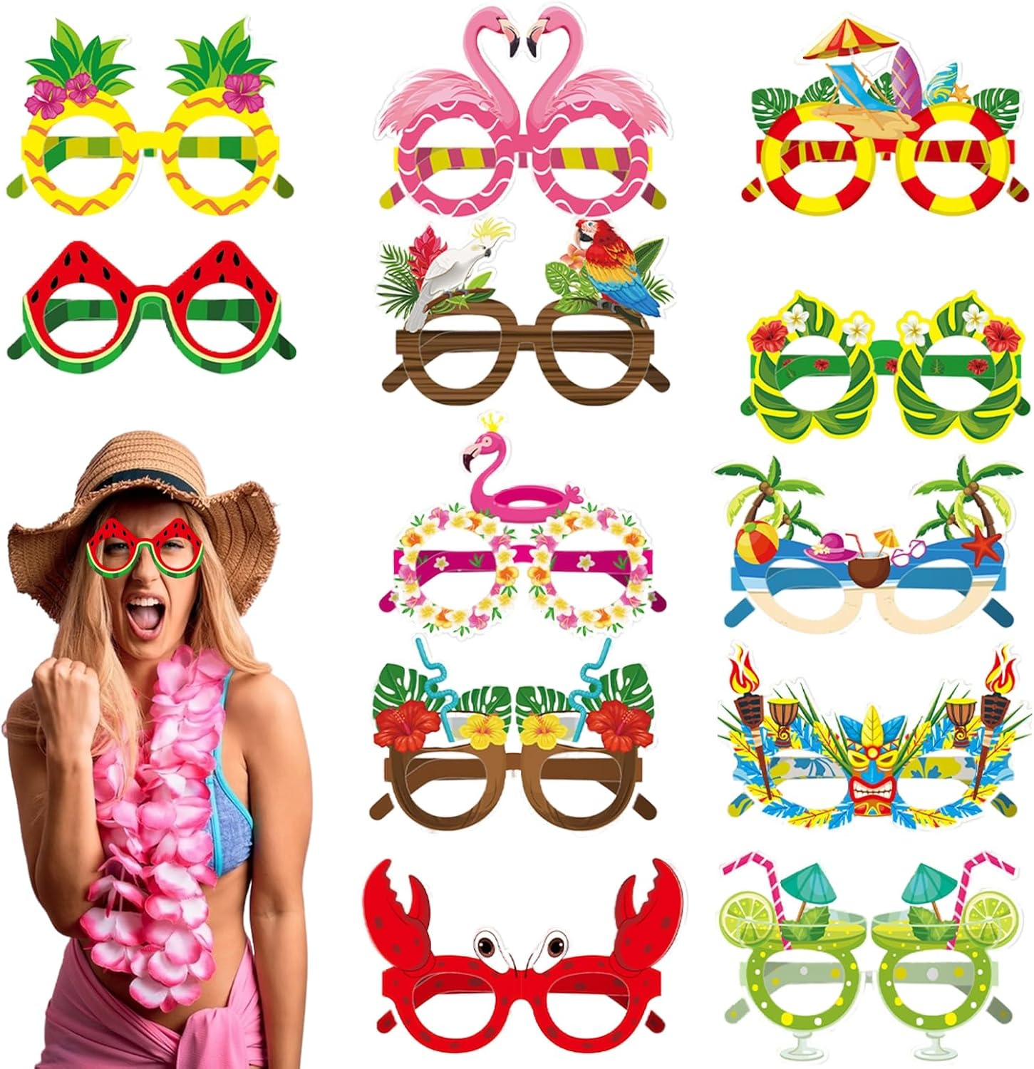 Homiliky 12Pcs Hawaiian Party Glasses,Novelty Luau Party Glasses for Adults Kids,Paper Party Eyeglasses Mask,Hawaii Tropical Party Eyewear Glasses,Summer Beach Party Photo Props Fancy Dress Decoration image number 2