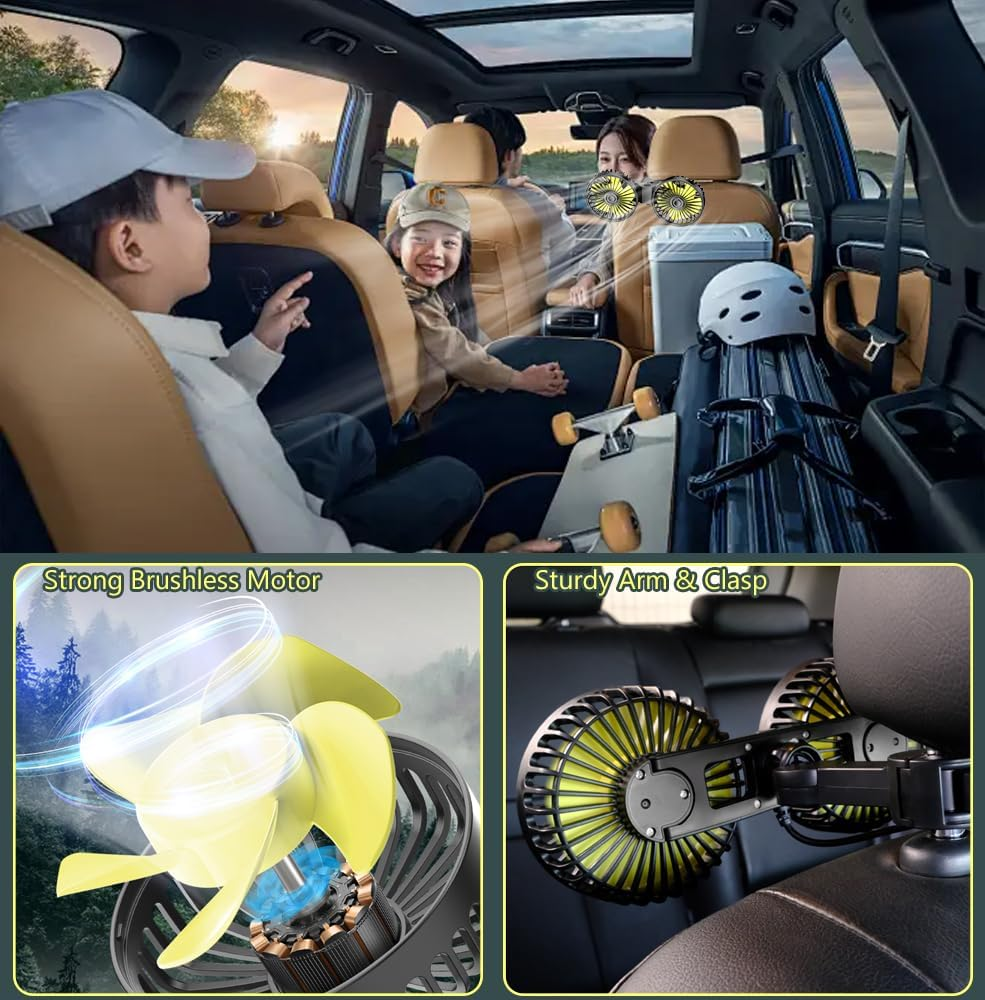 Reelau Car Backseat Fan USB Operated, Dual Head 5V USB Car Cooling Fan for Back Seat Super Strong Airflow Standing Desktop Fan Any Angle Adjustable Automobile Fan Vehicle Fan for Car Truck Van SUV RV image number 3