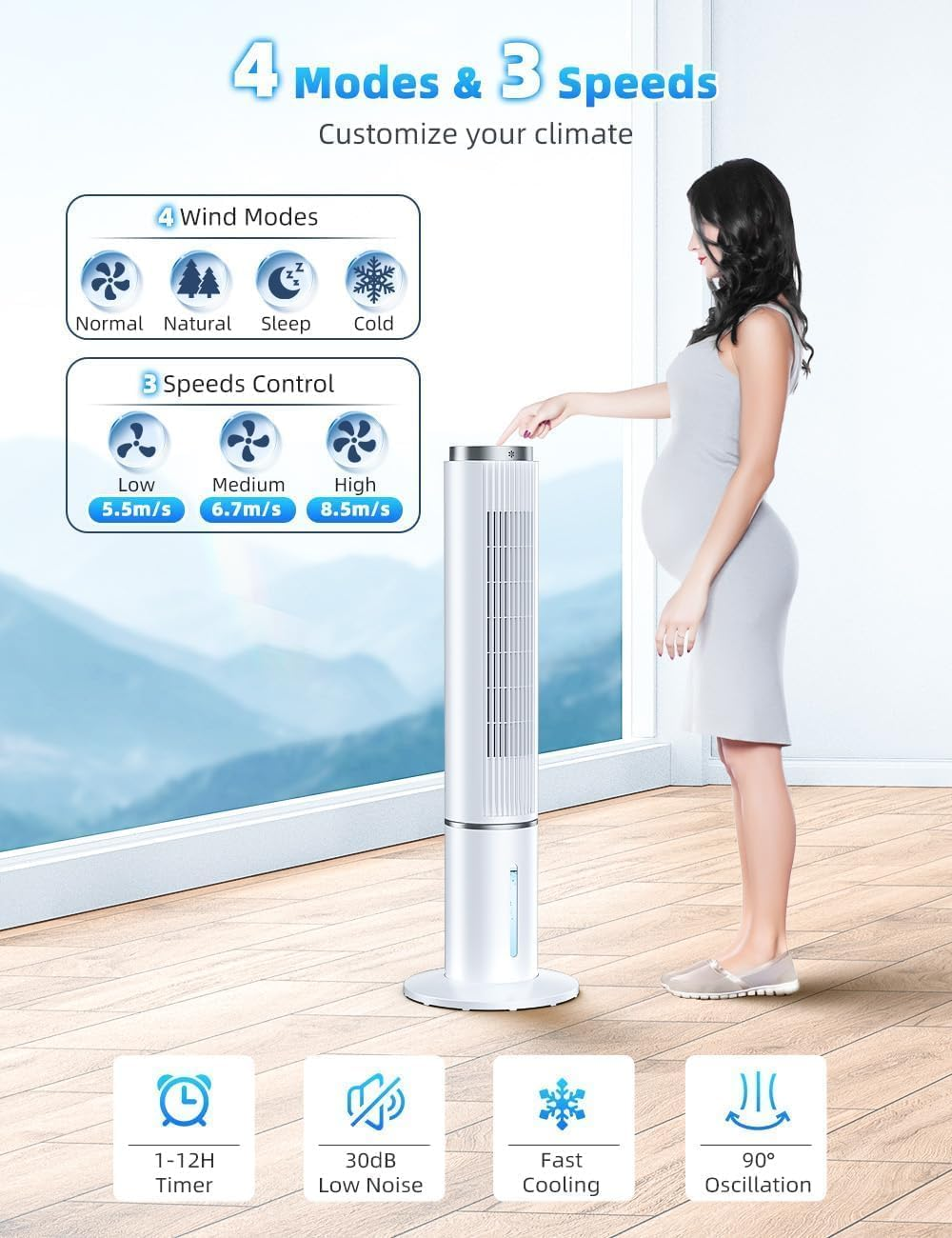 COOLECH 4-IN-1 107CM Windowless Portable Air Conditioner W/ 4 Modes&3 Speeds, LED Display, Remote, 4L Water Tank with Waterless Alert System, 12H Timer, 90&deg; Oscillating Evaporative Air Cooler for Room image number 4