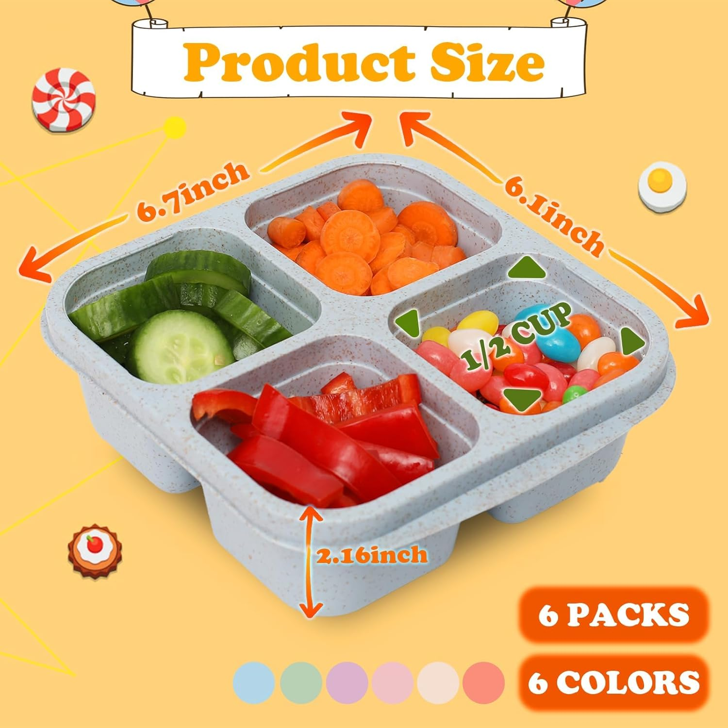 6 Pack Meal Prep Containers, 4 Compartment Bento Snack Boxes, Reusable Divided Lunch Box Containers image number 2