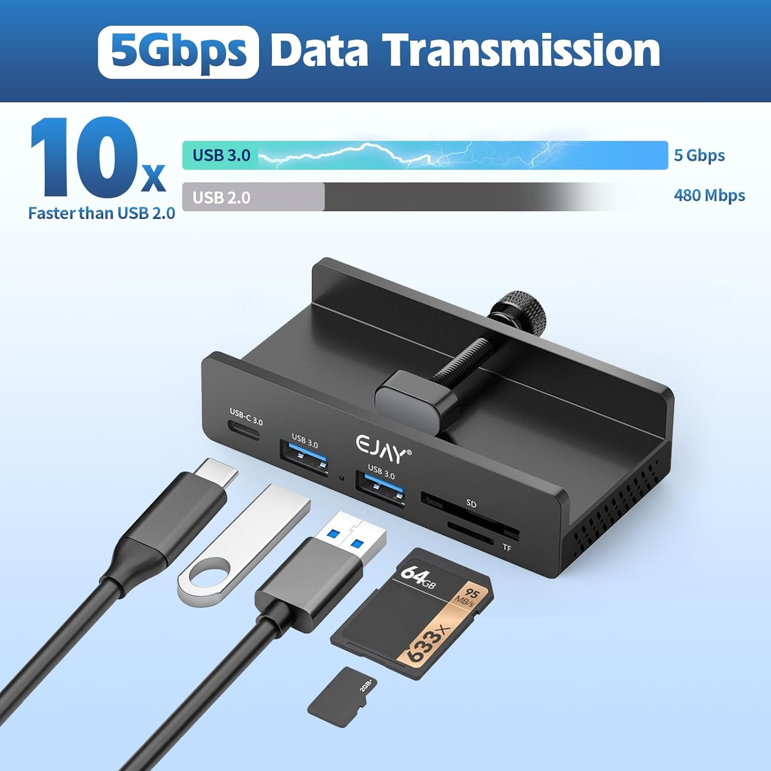 EJAY 5Ports USB3.0 HUB Alu Splitter Desktop Docking with TF&SD Card Reader for Desk/Monitors Clipping with Extra Power Supply Port,59Inches Data & 39Inches Power Cable-5Gbps (2A1CTS-BK) image number 5