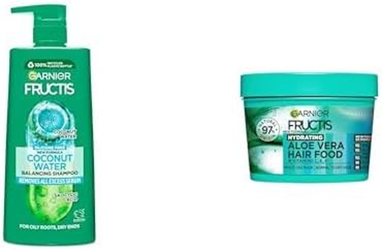 Garnier Fructis Coconut Water Shampoo for Oily Roots Dry Ends 850Ml & Garnier Fructis, 3-In-1 Hair Mask, Hydrating & Increases Shine, Hair Food Aloe Vera, 390Ml