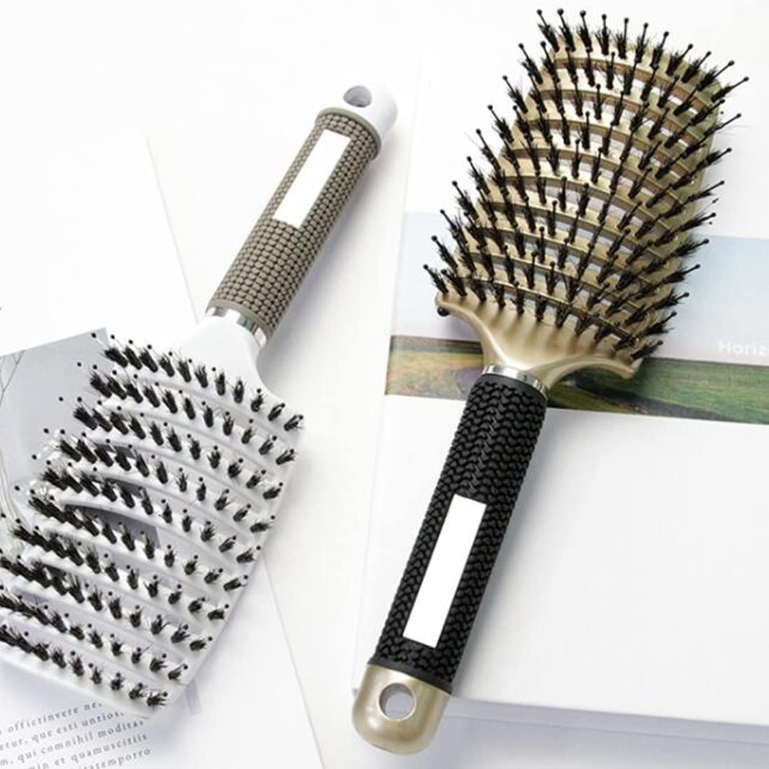 UTSAUTO Boar Bristle Hair Brush, Professional Curved Vented Curly Hair Detangling Brush for Women, Men, Paddle Detangling Brush for Wet Dry Curly Thick Straight Hair, (Gold) image number 1