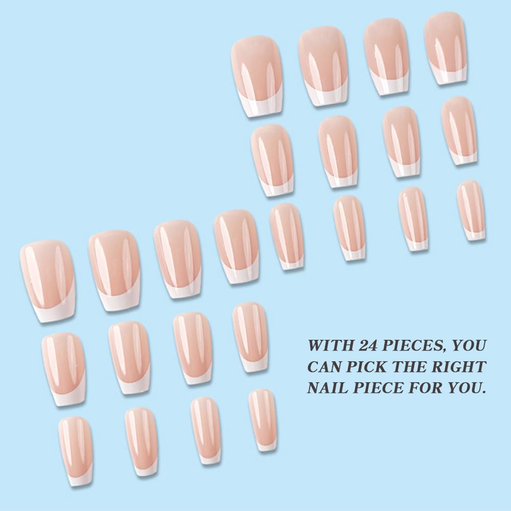 QISANKEE Short French Tip Nails - Press on Coffin Fake Nails, False Nails with Designs - Pink French Tip Artificial Stick on Nails - 24 Pcs/Set image number 4