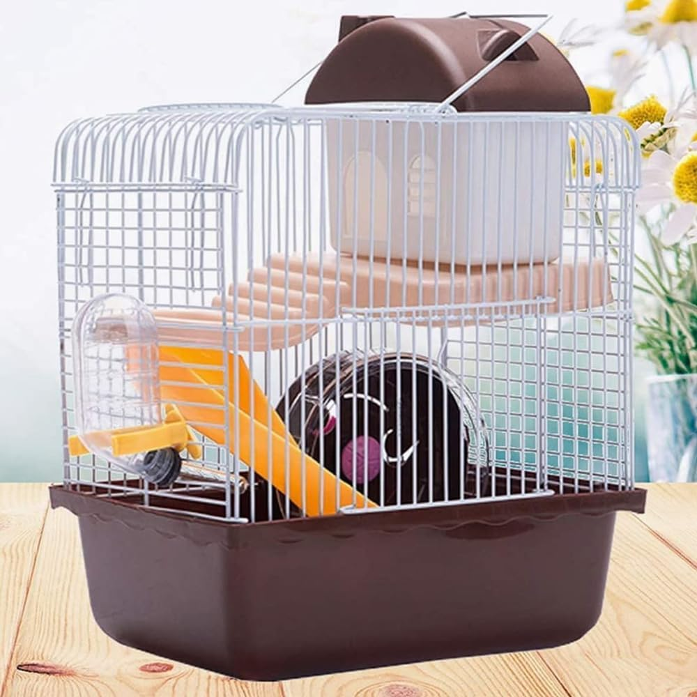 TOMVAES Hamster Cage, 2 Floors, Portable Travel Cage, Large Hamster Hutch, Castle Style, Interactive House, for Hamsters, Golden Polar Bear, Coffee and White, 23X17X30 Cm, PP, Wire image number 6