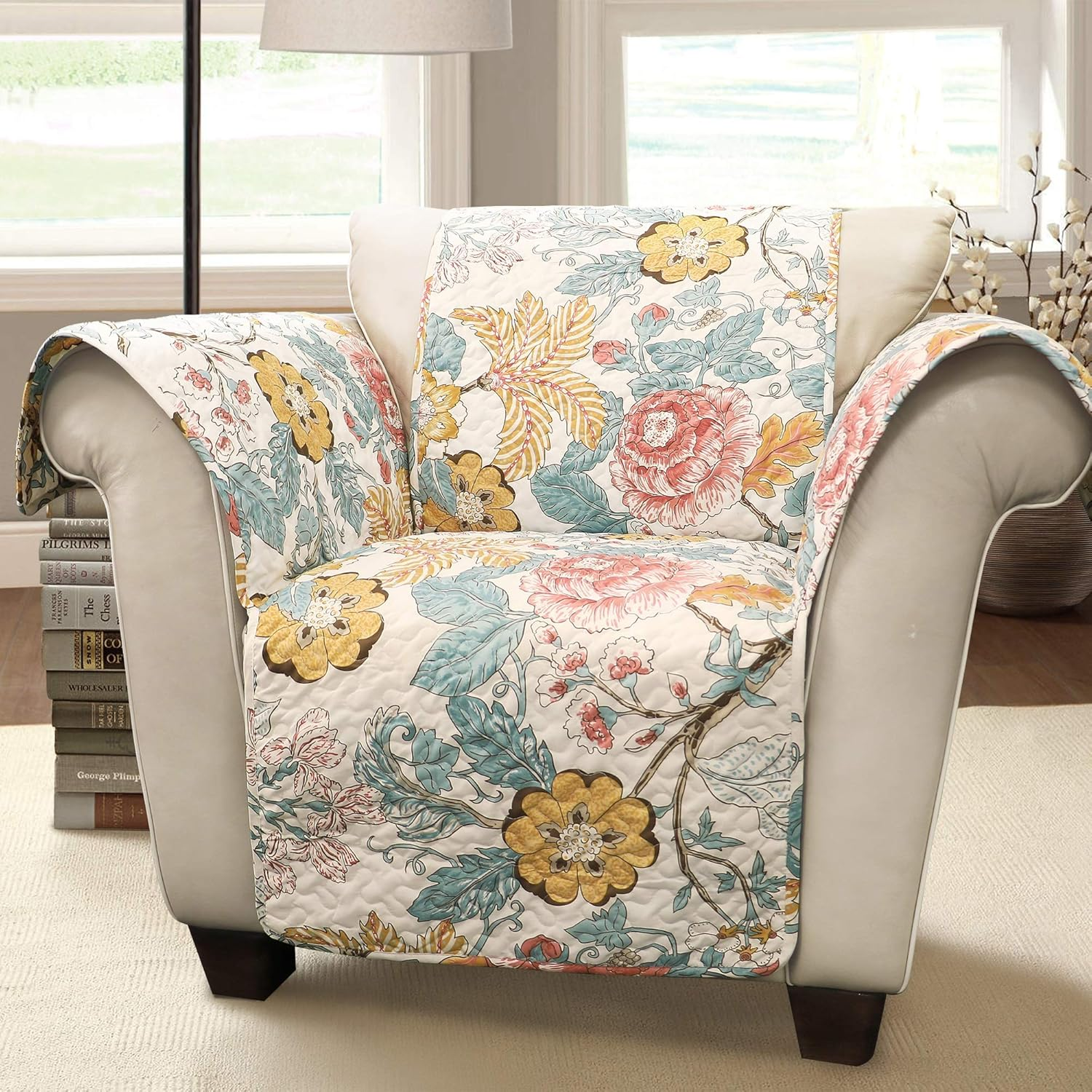 Lush Decor Sydney Furniture Protector, Arm Chair, 71" W X 75" L, Blue & Yellow - Flower Leaf Garden - Quilted Floral Chair Cover - Country Cottage Slipcover - Pet Protector for Chair image number 6