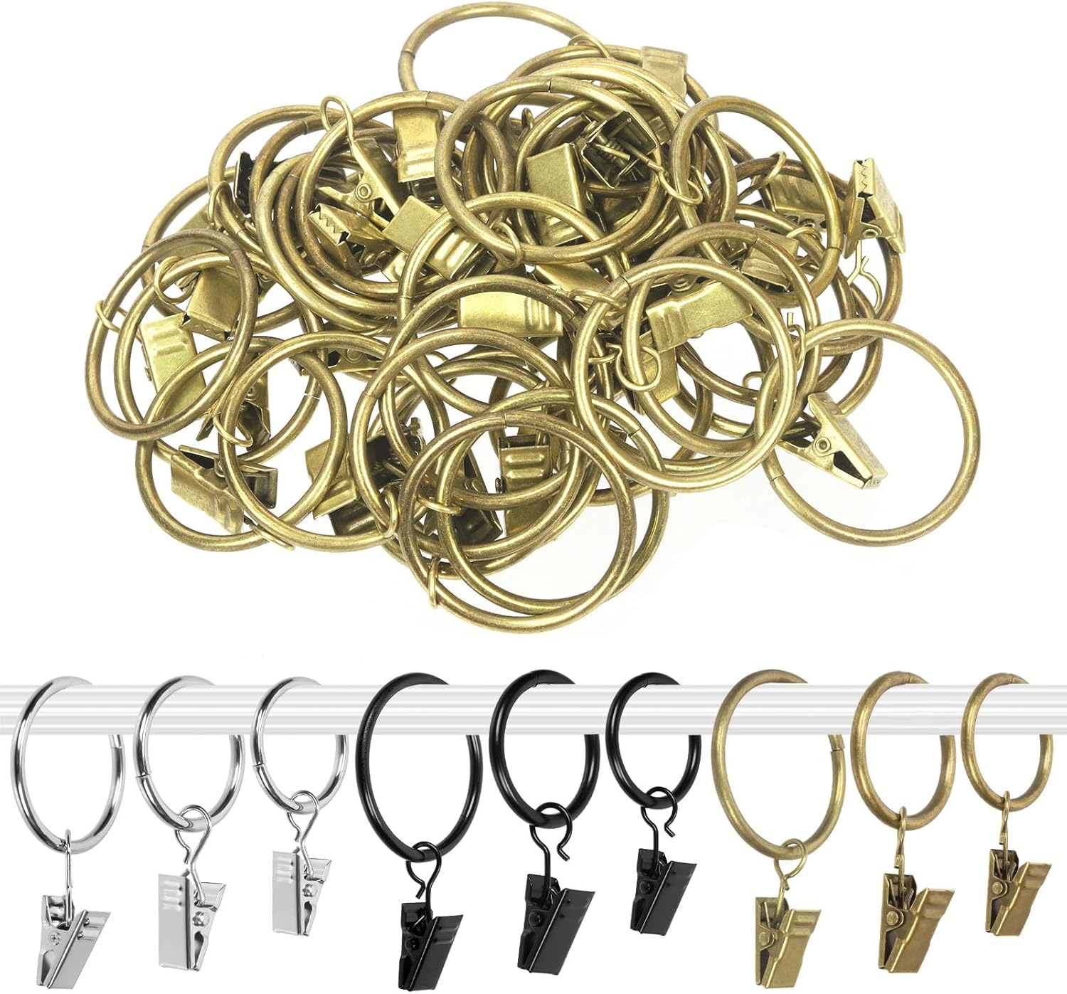 Swpeet 40 Pack Silver Curtain Rings with Clips, Curtain Clip Rings Hooks, Bow Hanger Clips, Hangers Drapes Rings for Hanging Drapery Drapes Bows, Ring 1.38" Interior Diameter, Fits up to 1" Rod