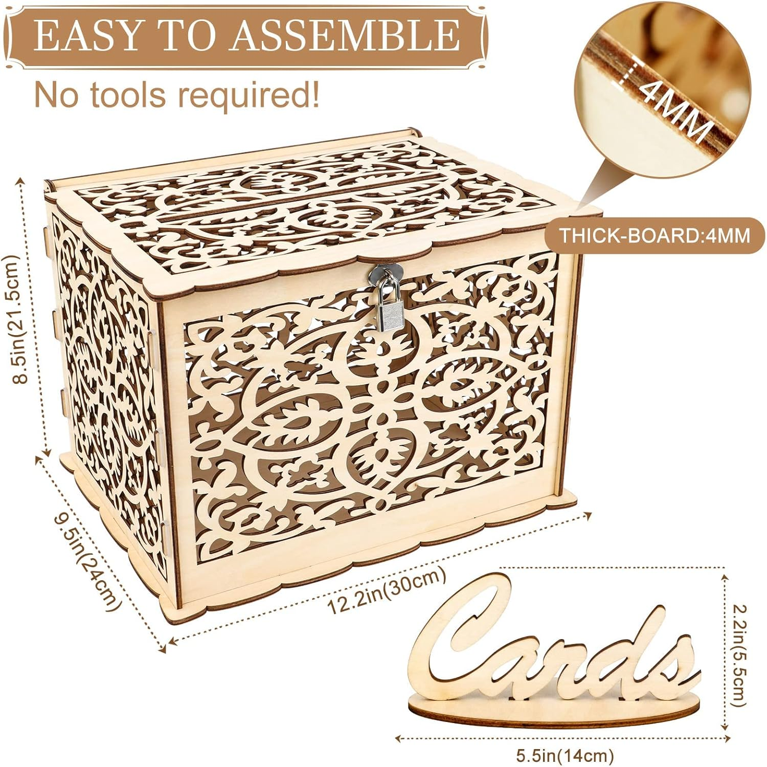 Dylvan Rustic Natural Wood Card Box with Lock, Perfect for Weddings, Baby Showers, Birthdays, Graduations, Holds 225 Cards image number 6