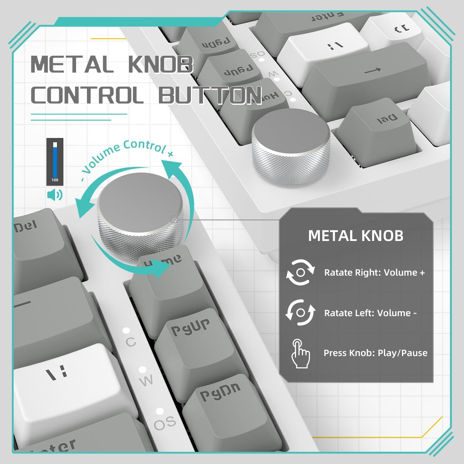 YINDIAO AK820 Mechanical Keyboard with CNC Knob Control,75% ANSI Layout,82Keys Gasket Mount Wired Gaming Keyboard,5 Sound Absorbing Foam,Hot-Swappable,White Backlit,For PC,MAC (Grey&White)