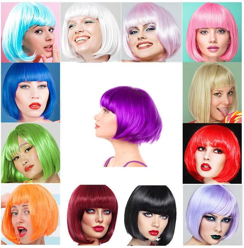 AIMALL Womens Short Straight BOB Sleek Hair with Bang Synthetic Cosplay Wig Wigs Party - Vibrant Synthetic Hair - Dark Pink image number 4