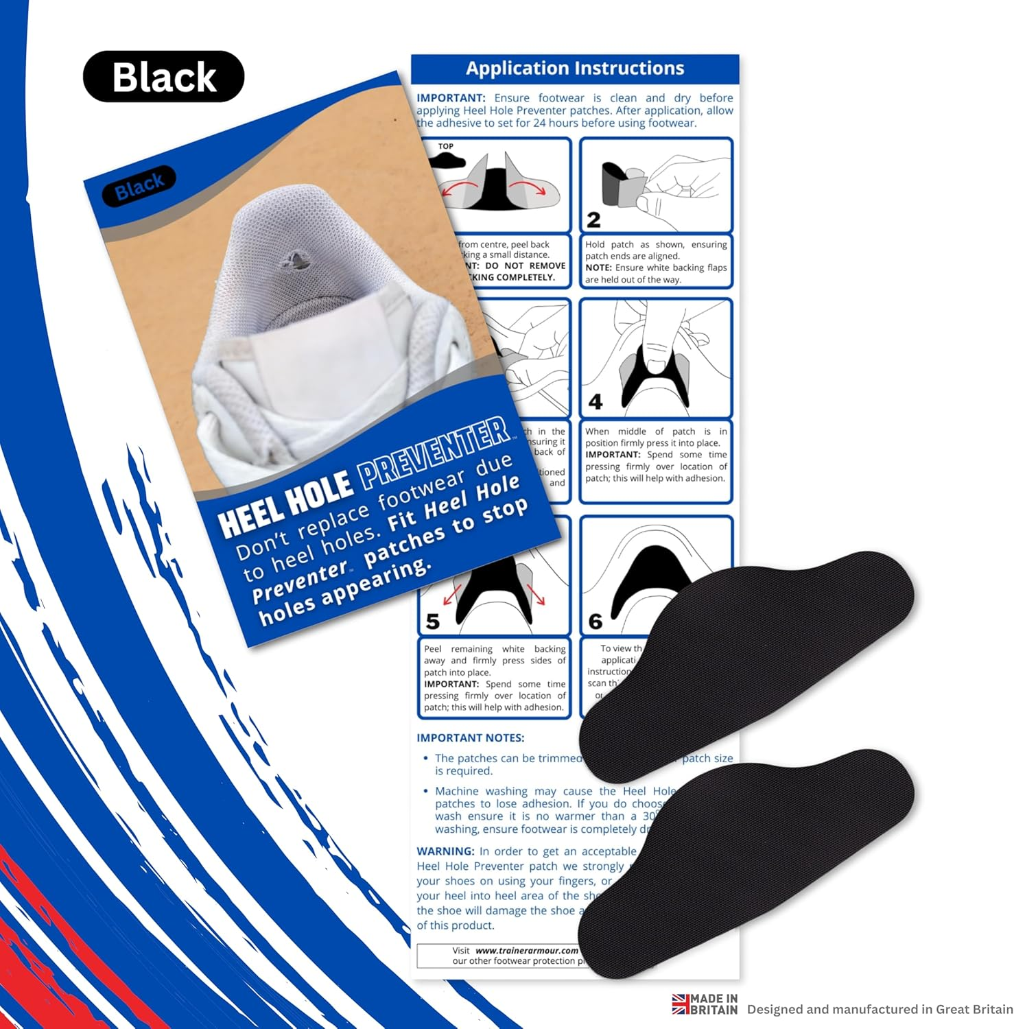 Heel Hole Preventer for Running Shoes, Sneakers, Shoes & Boots. &lsquo;Wrap-Around&rsquo; Style Self-Adhesive Black Patches. Extremely Strong Patches Prevent and Repair Heel Holes. - White image number 2