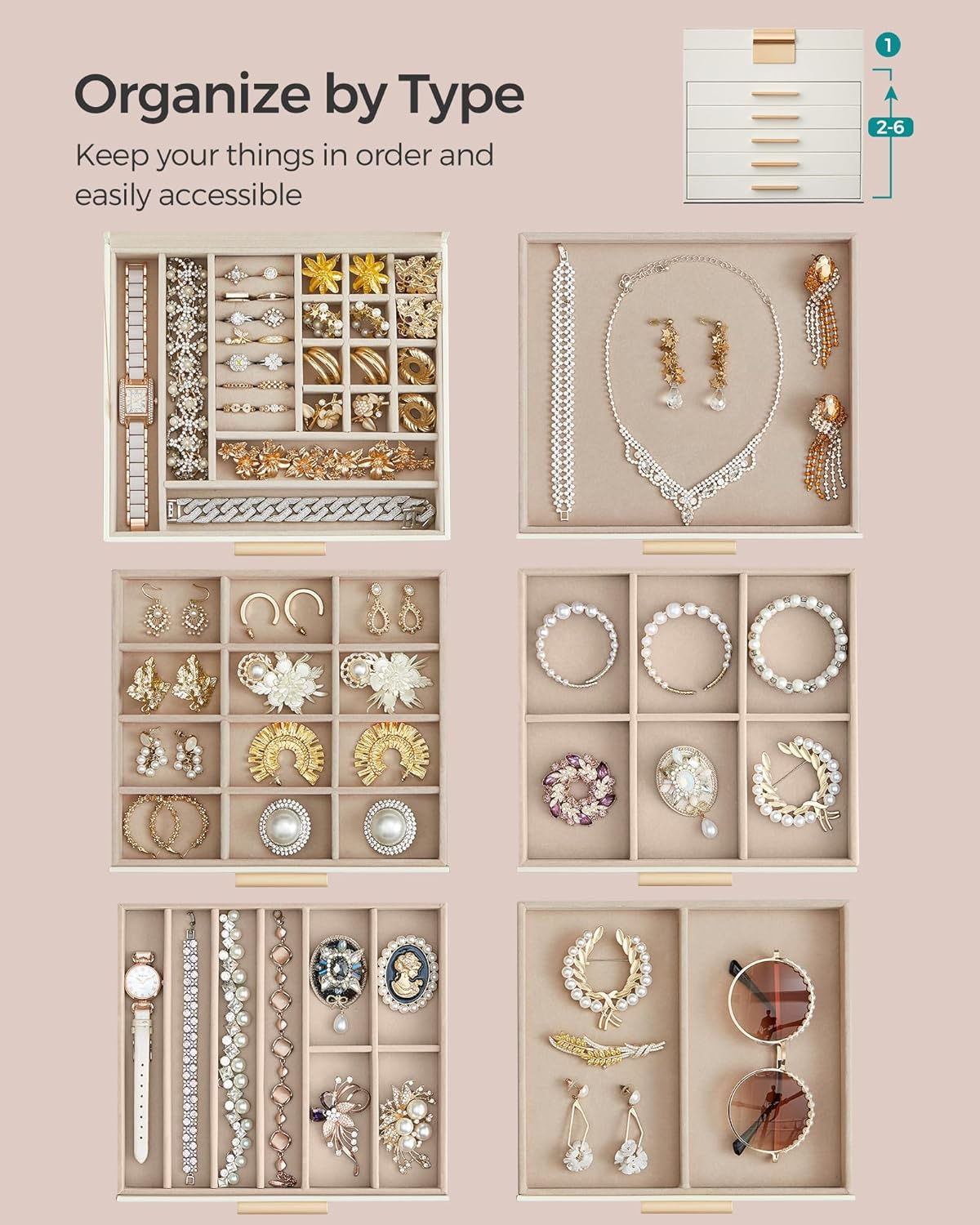SONGMICS Jewelry Box Organizer with Glass Lid, 6-Layer Jewelry Storage, with 5 Drawers, Modern Style, 8 X 9.1 X 9 Inches, Cloud White and Gold Color JBC176W01 image number 1
