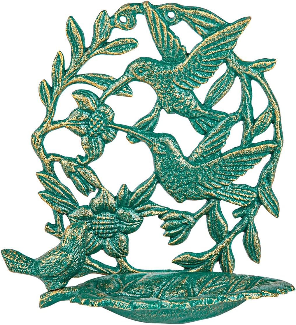 Sungmor Cast Iron Wall-Mounted Bird Feeder, Cute Hummingbird Decor Small Water Bath, Wall Hanging Fence Bird Bath Feeder, Beautiful Green Birdfeeder for Garden Backyard Patio Decoration