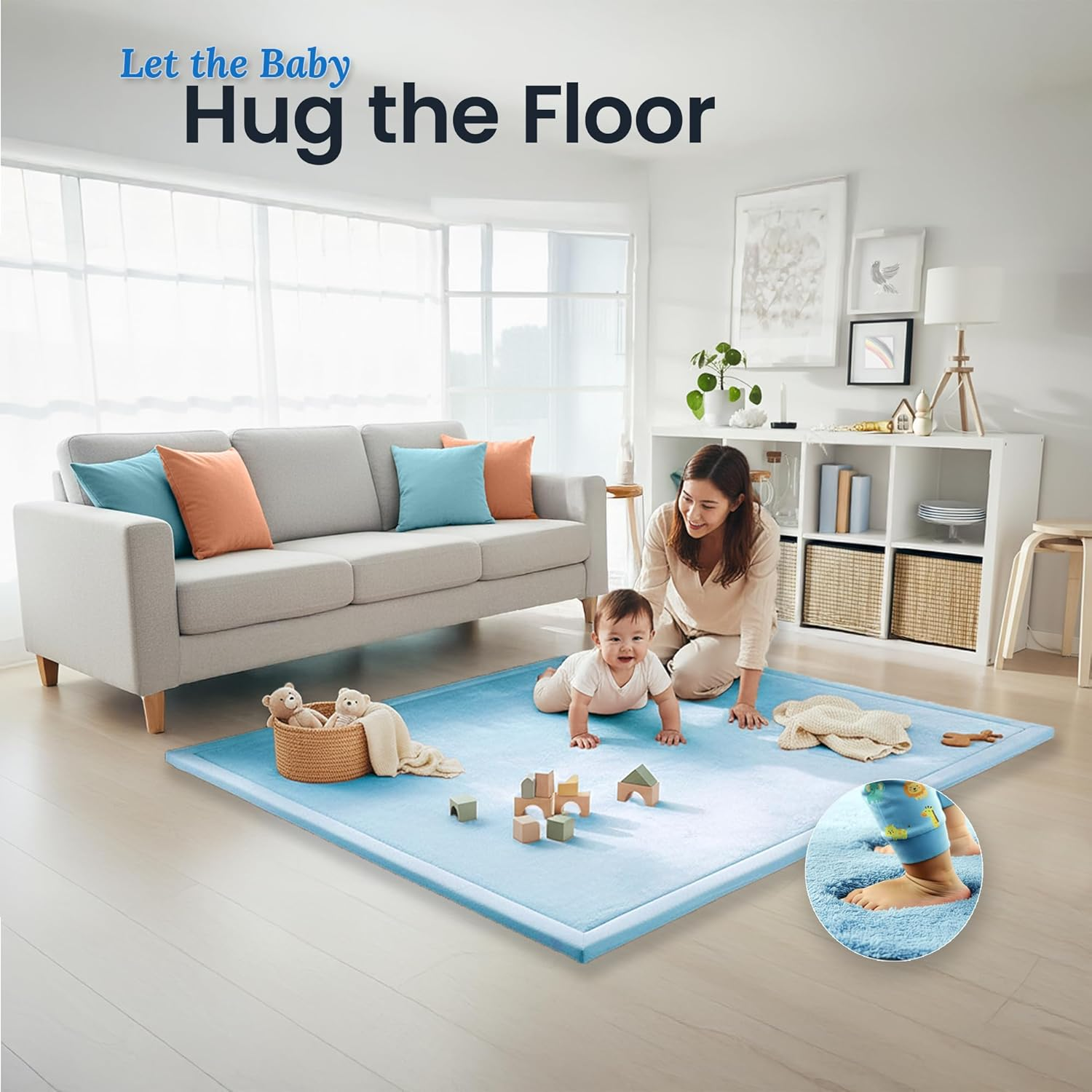 Baby Play Mat 150X200Cm, Extra Thick 3.5Cm Mellow Memory Foam Tatami Muscle Mat, Non-Slip, Water-Repellent Velvet Rug for Nursery, Crawling & Tummy Time, Elastic Strap Included image number 3