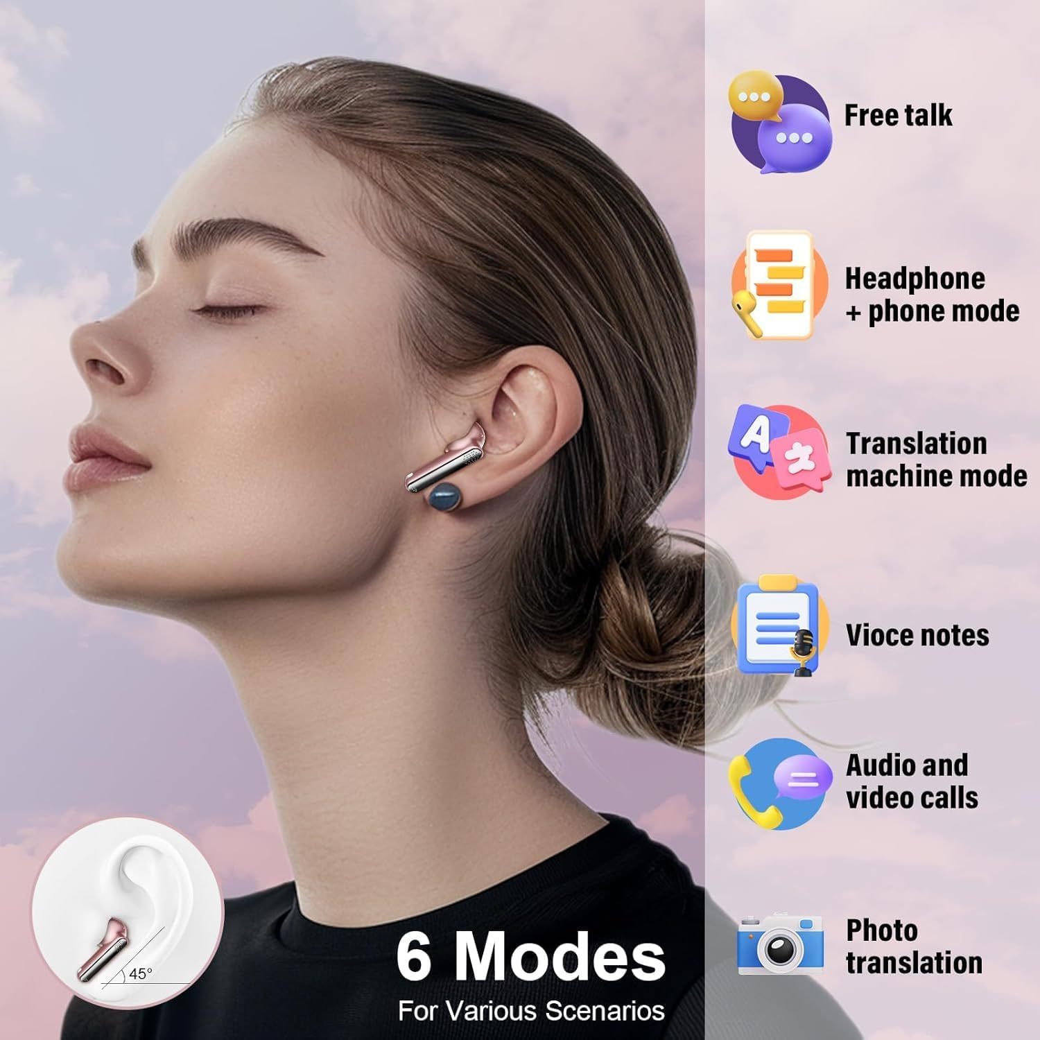 AI Language Translator Earbuds with Audio and Video Calls, 3-In-1 Bluetooth 5.3 Translation Earbuds with 164 Real Time Languages Pink image number 5