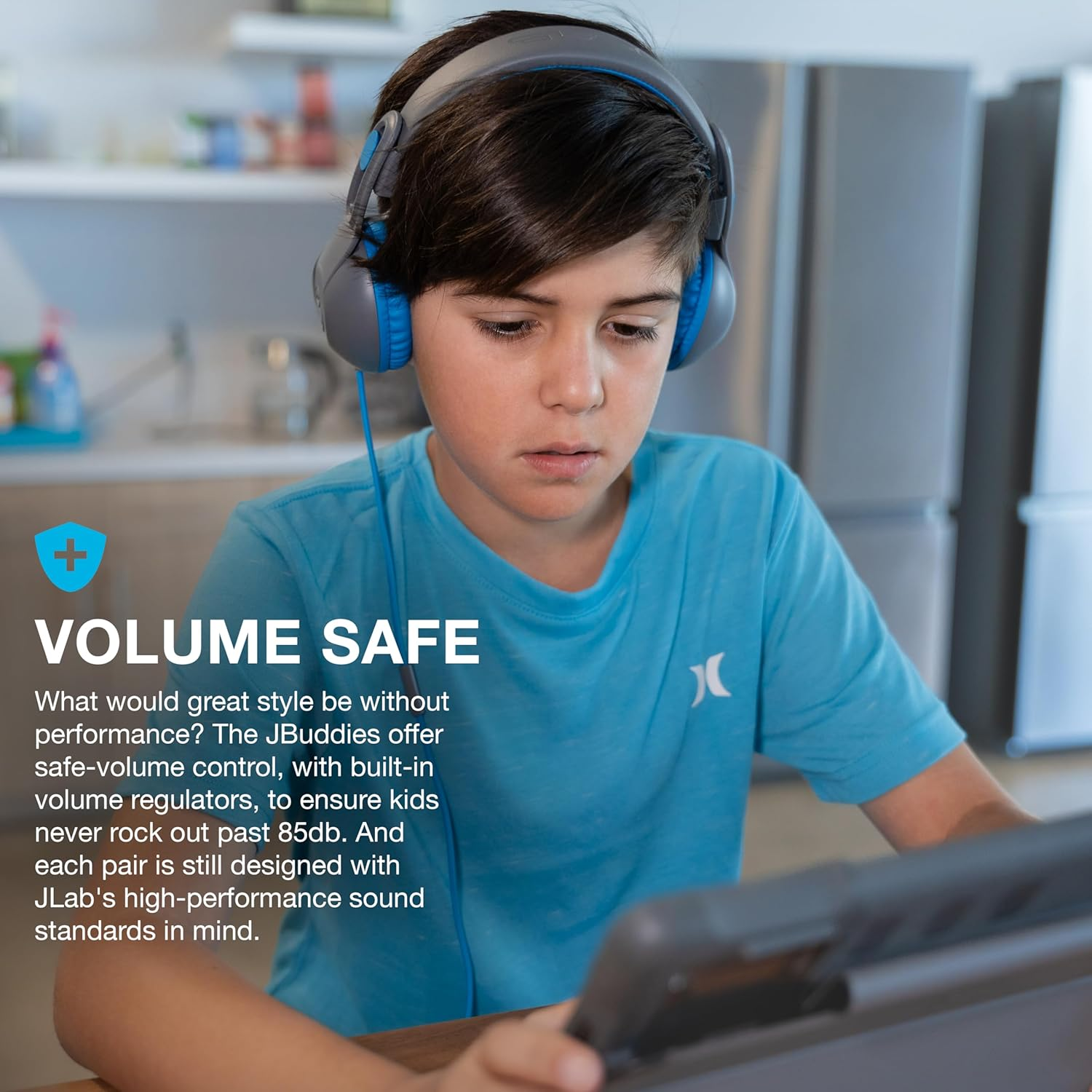 Jlab Jbuddies Studio 2 On-Ear Kids Wired Headphones, Grey/Blue, Toddler Headphones, Kid Safe, Studio Volume Safe, Volume Limiter, Folding, Adjustable, Noise Isolation, with Mic image number 3