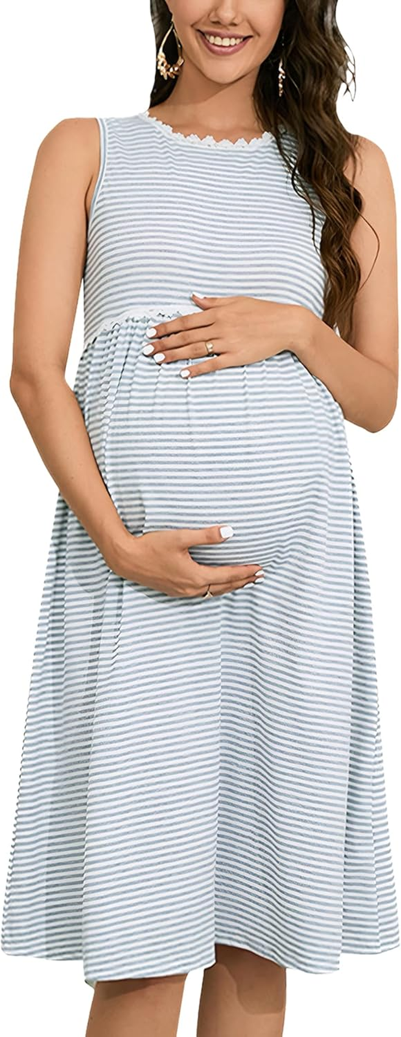 SEAUR plus Size Maternity Tank Dress Pregnant Sleeveless Sundresses Summer Stripes Lace Trims Casual Leisure Midi Dresses