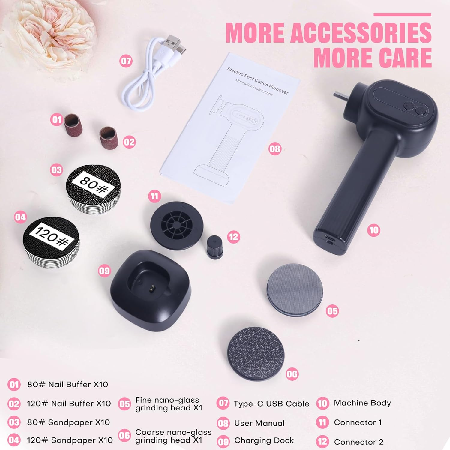 2 in 1 Electric Foot File, Rechargeable & Adjustable Foot Callus Remover & Nail Grinder, with 40Pcs Sandpaper Discs, Electric Foot Hard Skin Remover for Feet Care Exfoliator (Black) image number 4