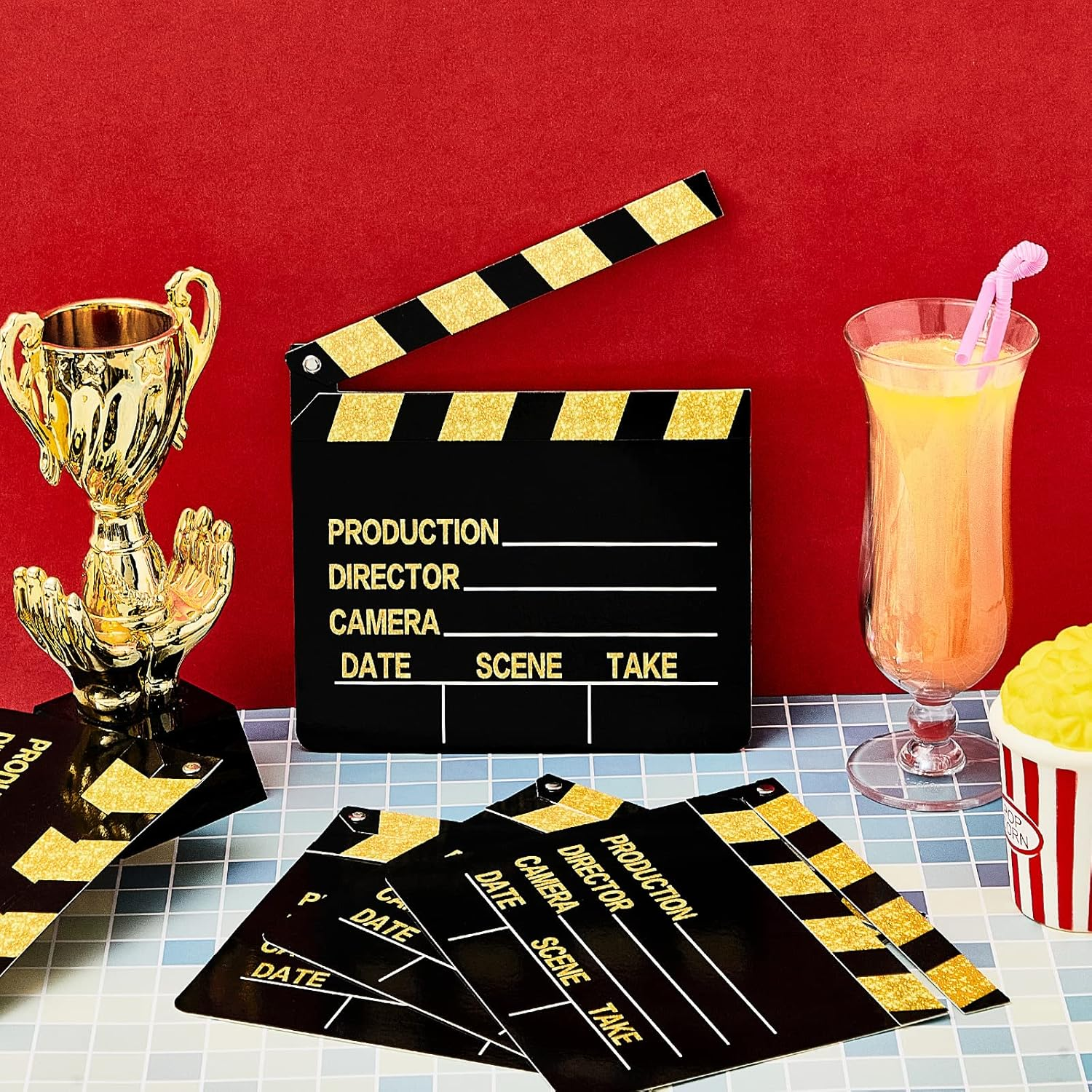 10 Pieces Film Clap Board, 7 X 8 Inch Cardboard Directors Clapper, Writable Cut Action Scene Board for Films, Photo Props (Gold) image number 3