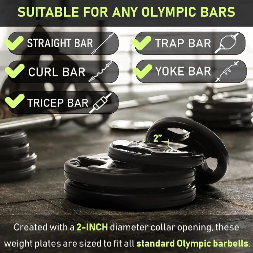 Olympic Rubber Grip Weight Plates for Barbell, 2-Inch Cast Iron Weight Plates for Dumbbells & Barbells,Ideal for Crossfit Weightlifting and Strength Training in Home & Gym