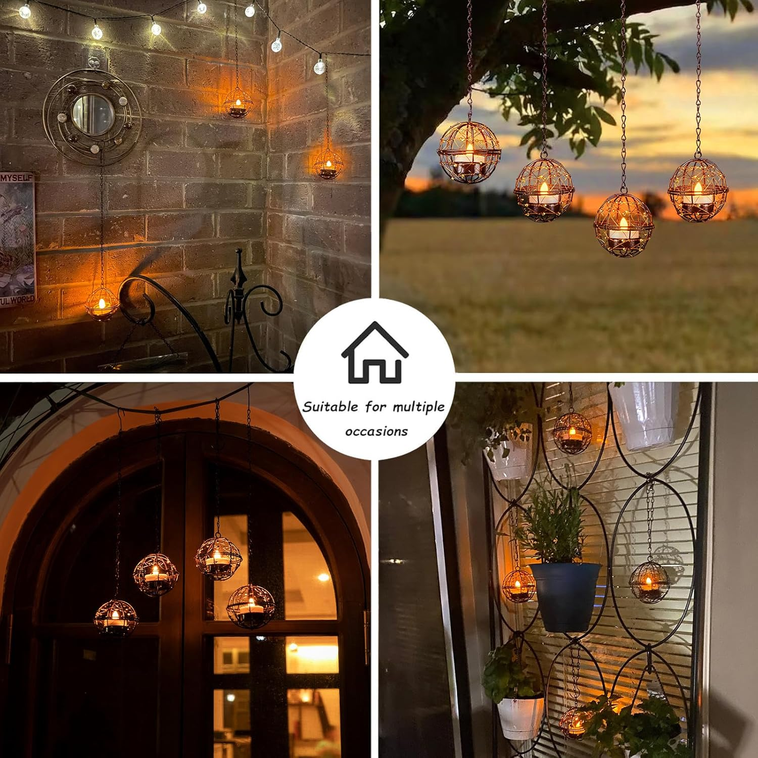 Outdoor Solar Hanging Lanterns Waterproof, Globe Hanging Candle Holder with Flickering Solar Powered Tea Lights, Chargeable Chandelier Light for Backyard Patio Garden Fence Tree Decoration-4Pack image number 4