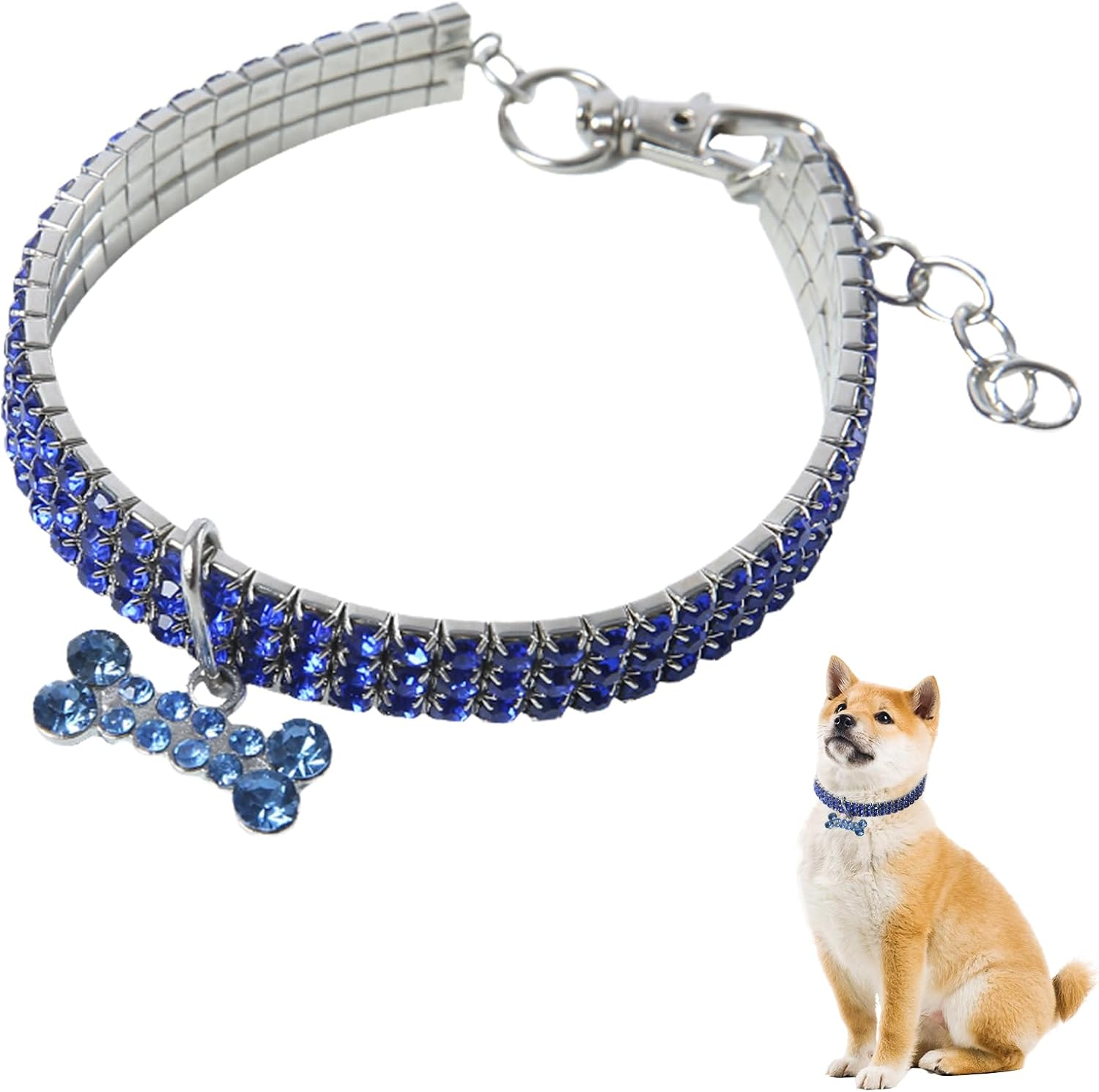 Dog Collar with Diamonds, Small Dog Cat Collar Adjustable Pet Collar Chain Metal Blue Crystal Dog Necklace for Pet Necklace Accessories with Bone Pendant Shiny Puppy Collar for Bulldog (23.5+5Cm) image number 3