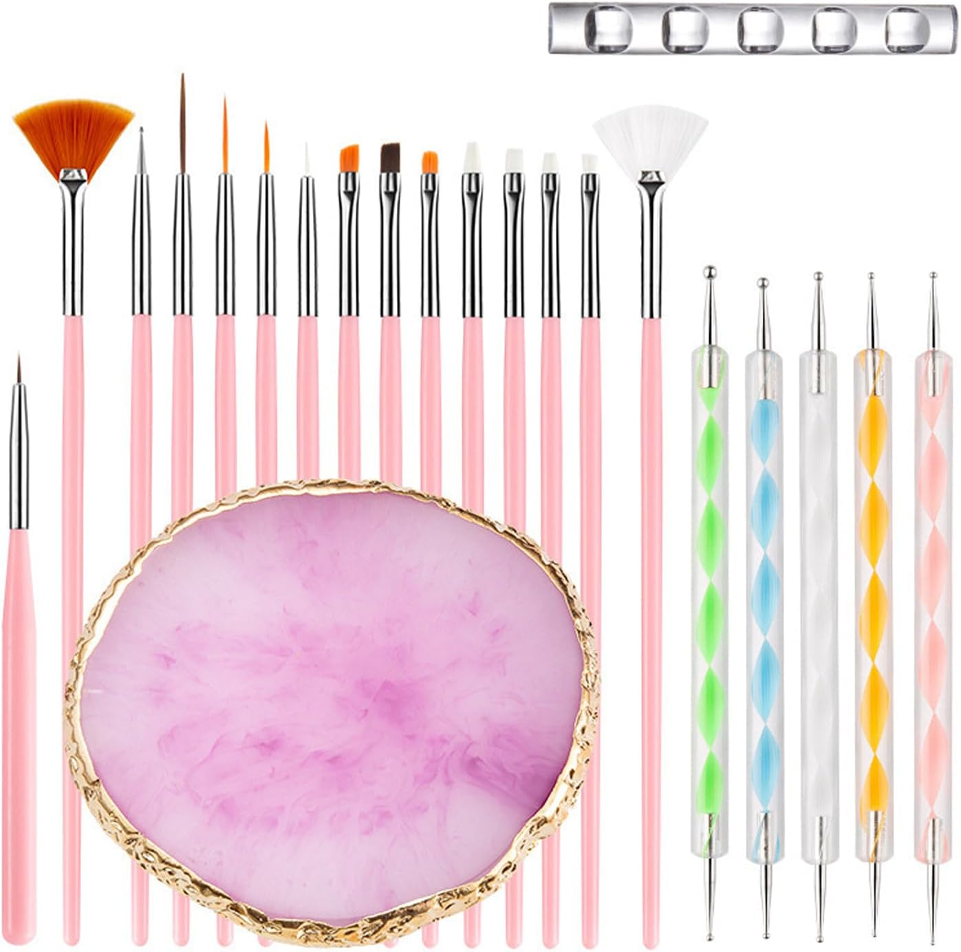 Homtop Nail Art Tools 22-Piece Set, Resin Nail Art Palette, 2-Way Acrylic Silicone Engraving Pen Dotting Pen Tools Nail Art Kit for Nail Art DIY Home Salon Makeup Display Board, Pink image number 4