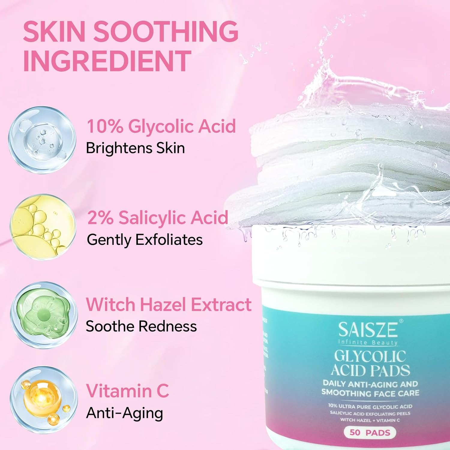 SAISZE Glycolic Acid Pads, 50 Toner Pads for Face Cleansing, Exfoliating Pads Chemical Peel with Salicylic Acid