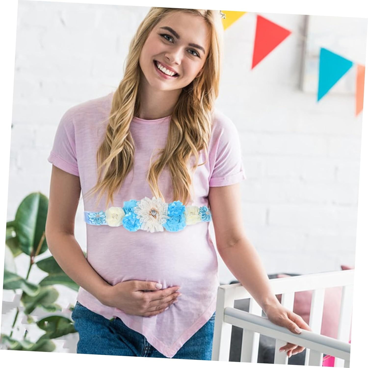 Abaodam 2Pcs Elegant Maternity Sash Belt Flowers Rhinestones for Shower Celebrations Keepsake for Expecting Mothers for Gender Reveal Events image number 1