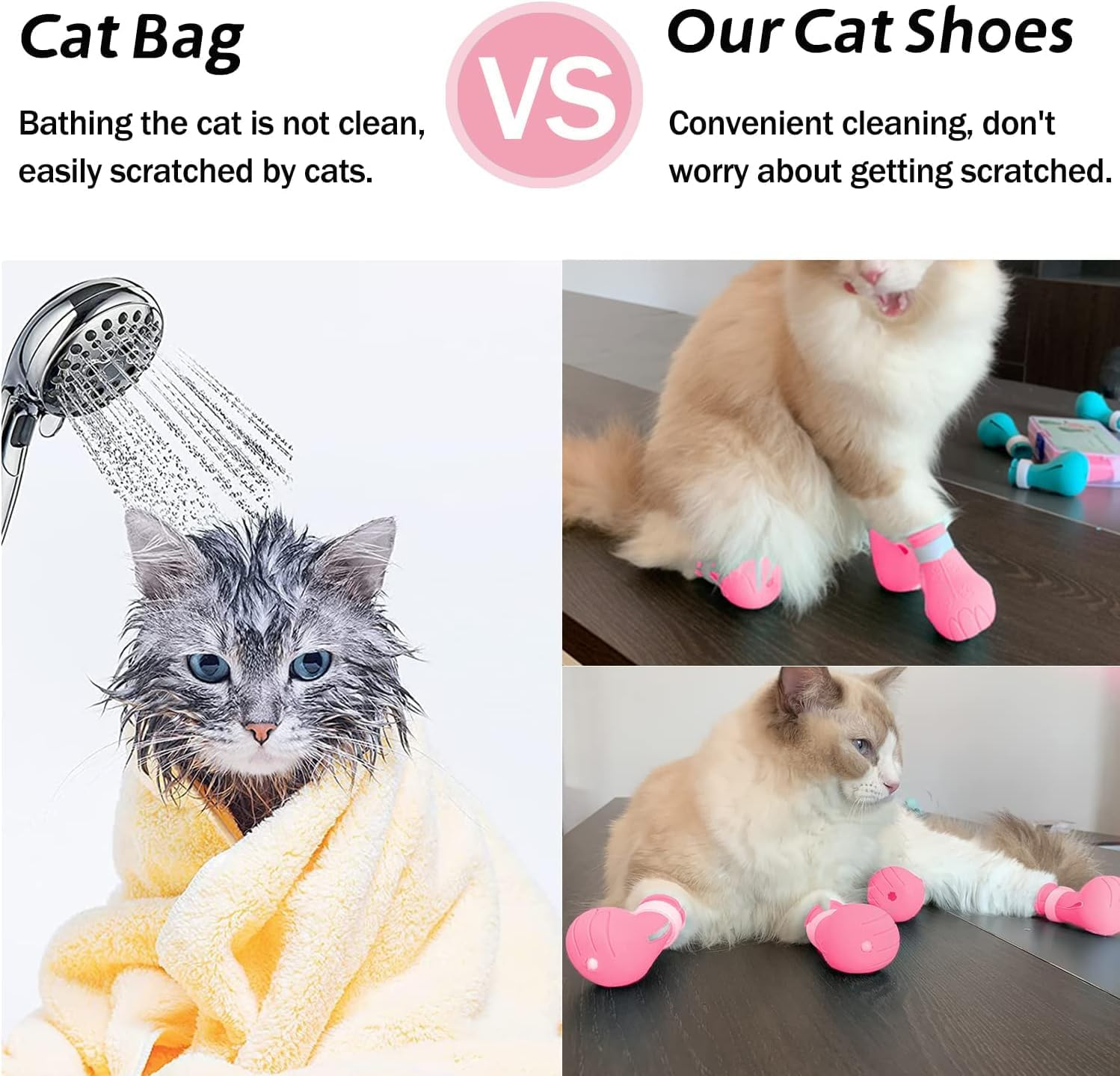 Coehaopike Cat Anti-Scratch Shoes 4 Pack, Pet Supplies Cat Scratch Deterrent Booties, Grooming Cat Accessories Silicone Nail Gloves, Adjustable Cat Claw Cover for Bathing Shaving Checking Treatment image number 6