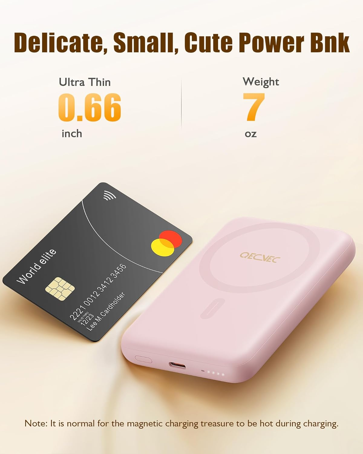 QECVEC Mag-Safe Power Bank - 10000Mah Magnetic Portable Charger with 15W Wireless Fast Charging & 20W PD Wired Charging, Compatible for Iphone 12/13/14/15/16 Series. (Pink)