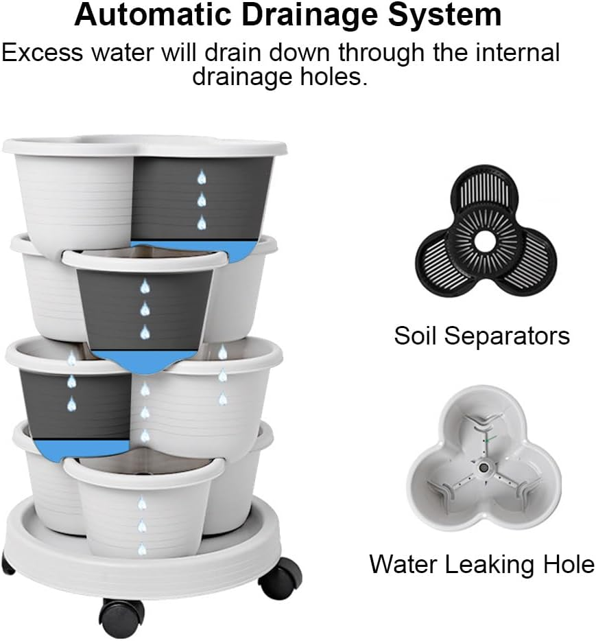 5 Tier Vertical Garden Strawberry Stackable Planters Herbs Petunias Pancy, Vegetable Planter Indoor Outdoor Gardening Pots with Removable Wheels and Tools (White) image number 2