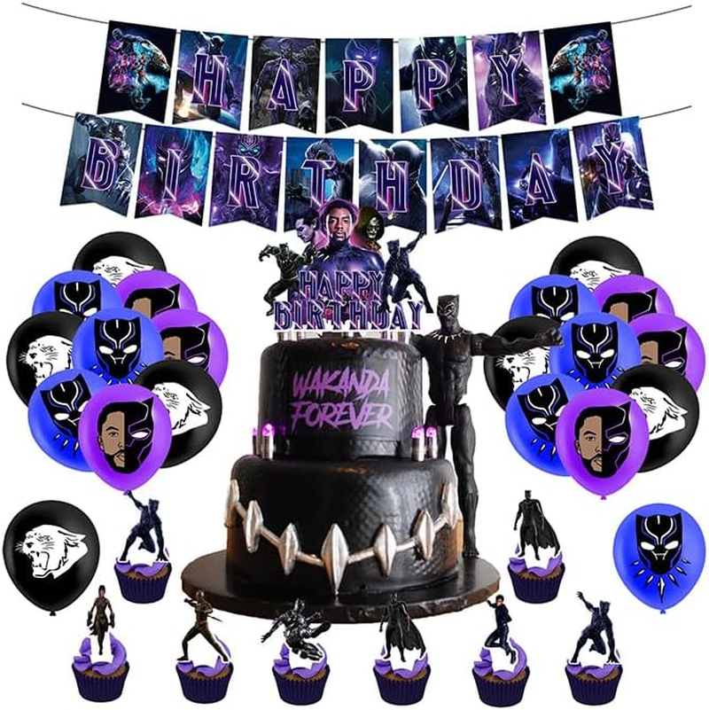Dinoeye Black Panther Birthday Party Supplies: 18Pcs Balloons, 13Pcs Cake Decorations, 1Pc Banner
