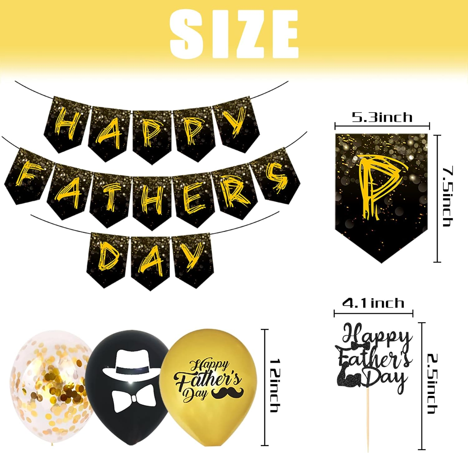 Fathers Day Decorations Kit, Black and Gold &ldquo;HAPPY FATHER'S DAY &rdquo;Banner，Cake Topper, Glitter Black Backdrop for Dad'S Party Decor image number 2