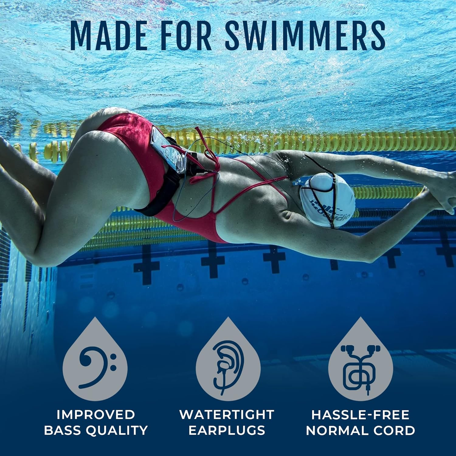 H2O Audio Surge+ 100% Waterproof Headphones - Noise Canceling, Sweatproof, IPX8 Swim Earbuds with Bass Boost, Multiple Earplug Sets, for Swimming, Running & Underwater Activities - Black/Blue image number 2