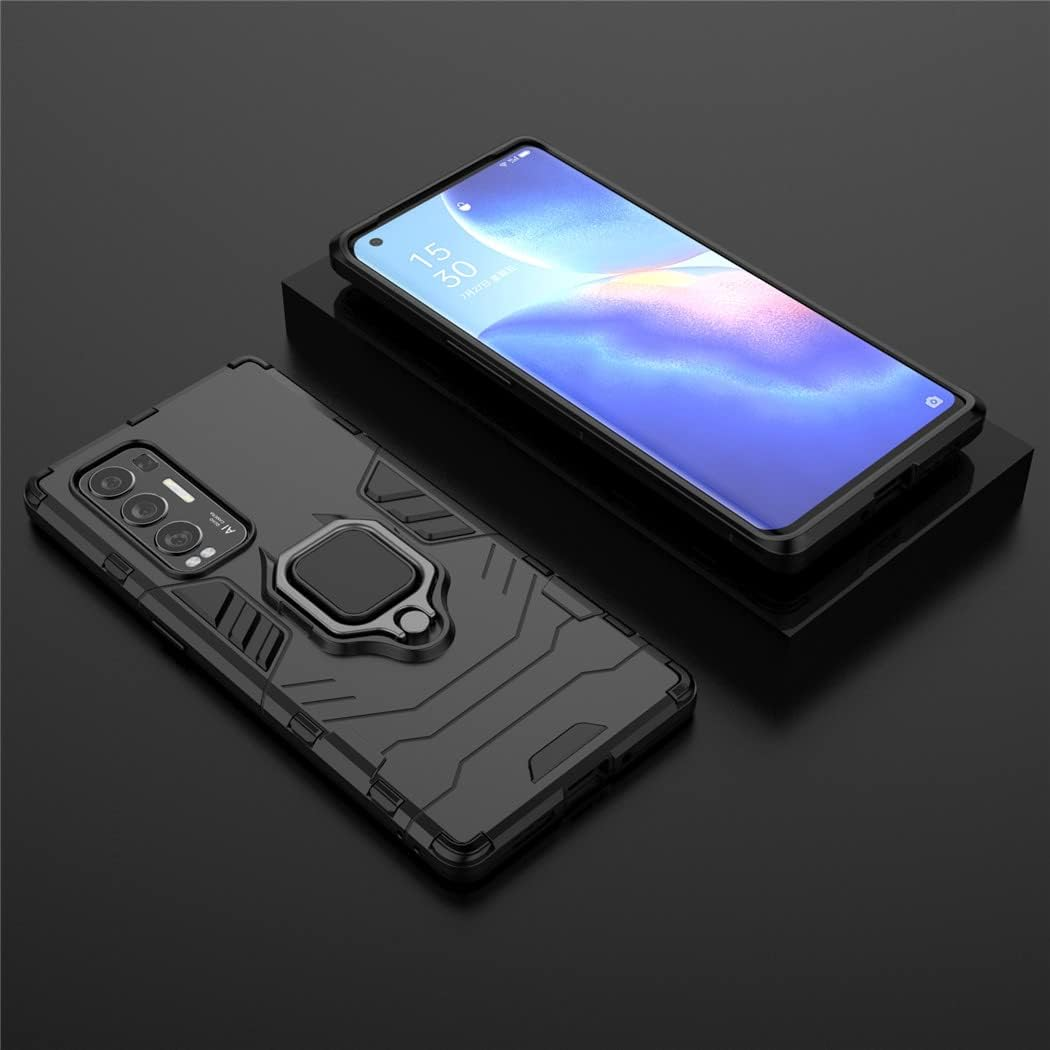 Compatible with Oppo Reno 5 Pro plus 5G Case, Metal Ring Grip Kickstand Shockproof Hard Bumper (Works with Magnetic Car Mount) Dual Layer Rugged Cover (Black) - Black image number 5