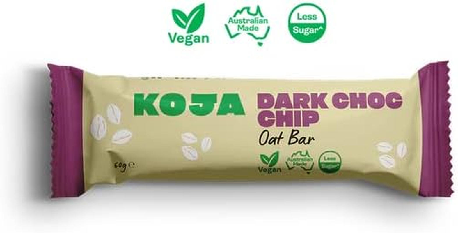 KOJA Health Natural Oat Bar Dark Choc Chip - Less Sugar, All Natural, Australian Made, FODMAP Friendly, Vegan (Pack of 12 X 60G Bars)