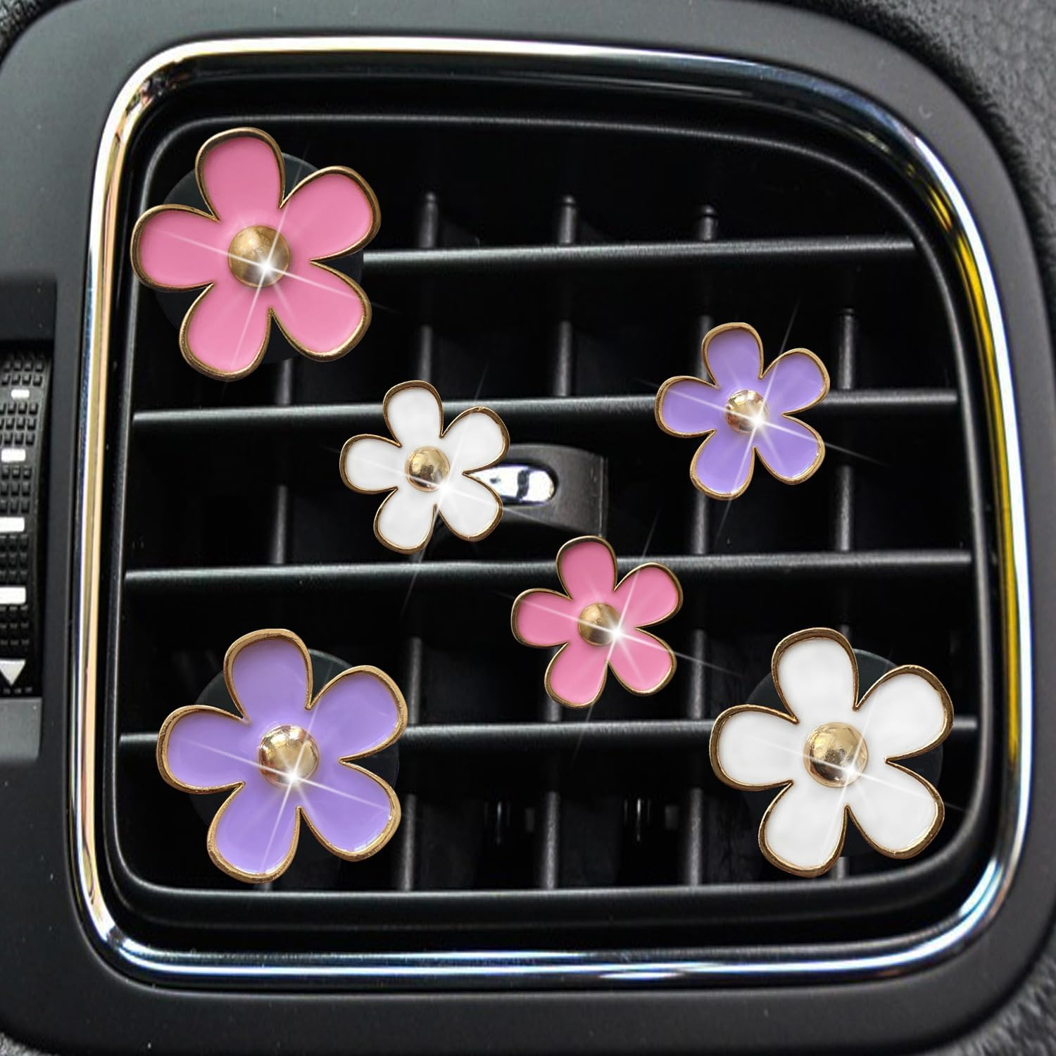Daisy Air Vent Clips, 6 Pcs Cute Flower Car Air Conditioning Outlet Clip Car Air Freshener Clip Charm Car Interior Decor Charm Colorful Car Interior Accessories for Girls Women (Yellow Purple White)